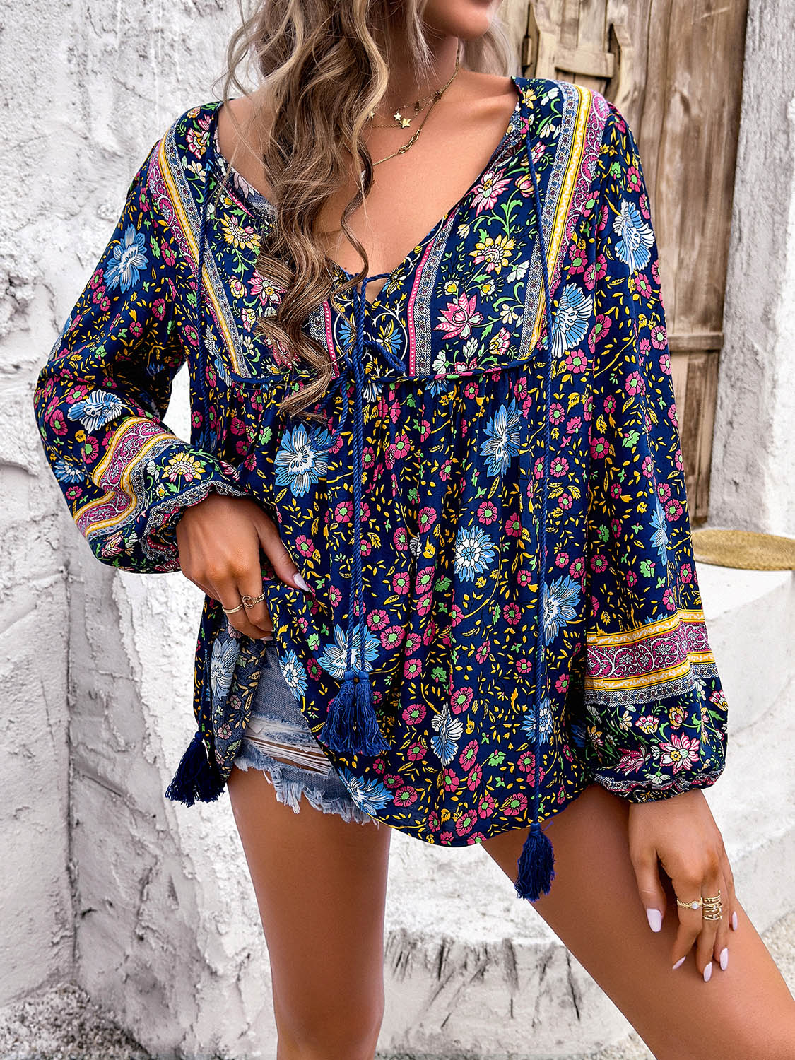 Blue Zone Planet | Devine Printed Tie Neck Long Sleeve Blouse-TOPS / DRESSES-[Adult]-[Female]-2022 Online Blue Zone Planet