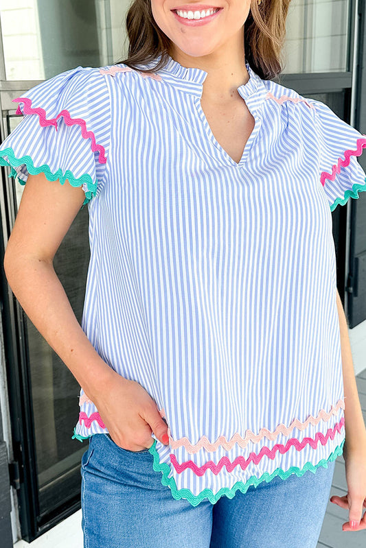 Sky Blue Stripe Ricrac Trim Split Neck Striped Ruffled Sleeve Blouse-Tops/Blouses & Shirts-[Adult]-[Female]-Sky Blue Stripe-S-2022 Online Blue Zone Planet