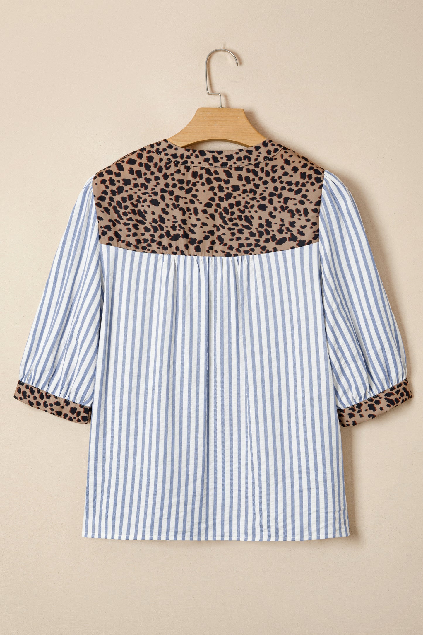 Sky Blue Stripe Leopard Trim V Neck Button Down Half Sleeve Shirt-Tops/Blouses & Shirts-[Adult]-[Female]-2022 Online Blue Zone Planet