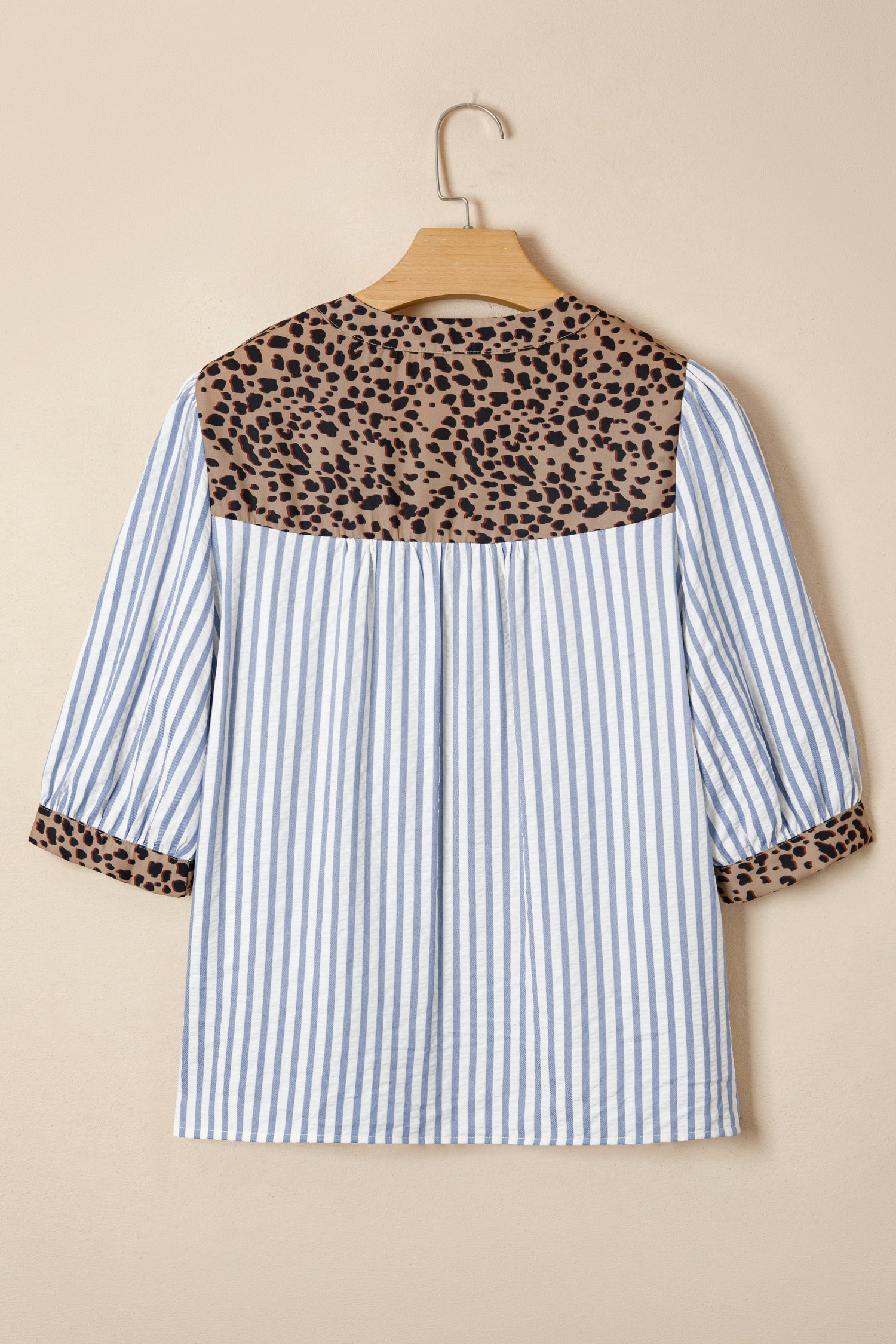 Sky Blue Stripe Leopard Trim V Neck Button Down Half Sleeve Shirt-Tops/Blouses & Shirts-[Adult]-[Female]-2022 Online Blue Zone Planet