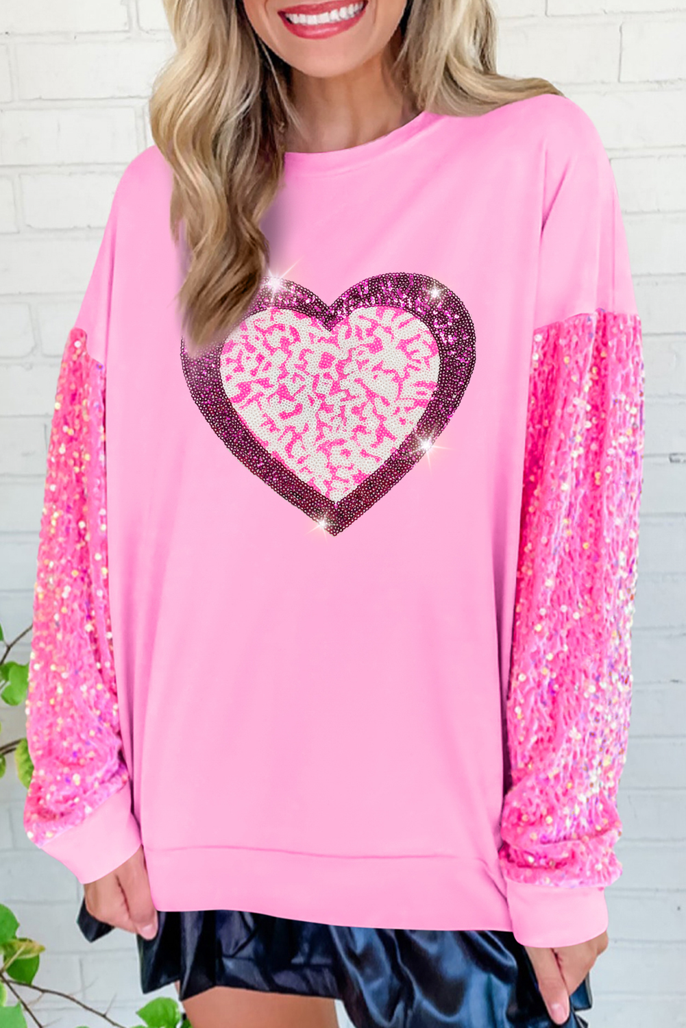 Pink Leopard Heart Graphic Sequin Patchwork Long Sleeve Valentines Top-Graphic Apparel-[Adult]-[Female]-Pink-S-2022 Online Blue Zone Planet