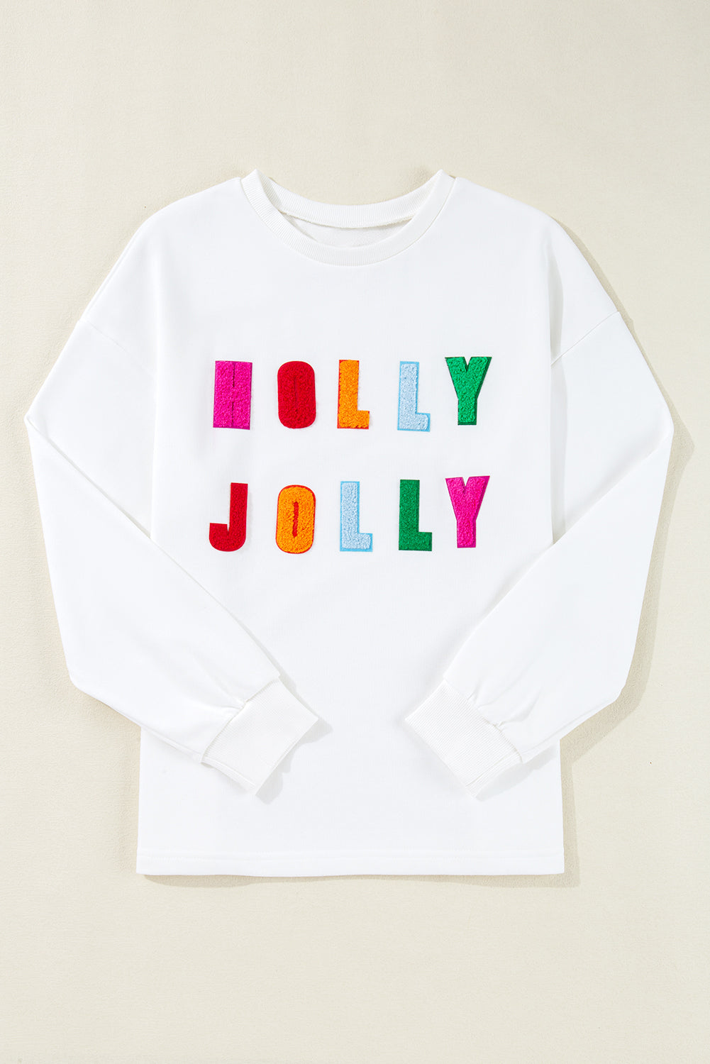 White Chenille Holly Jolly Graphic Long Sleeve Top-Tops/Long Sleeve Tops-[Adult]-[Female]-2022 Online Blue Zone Planet