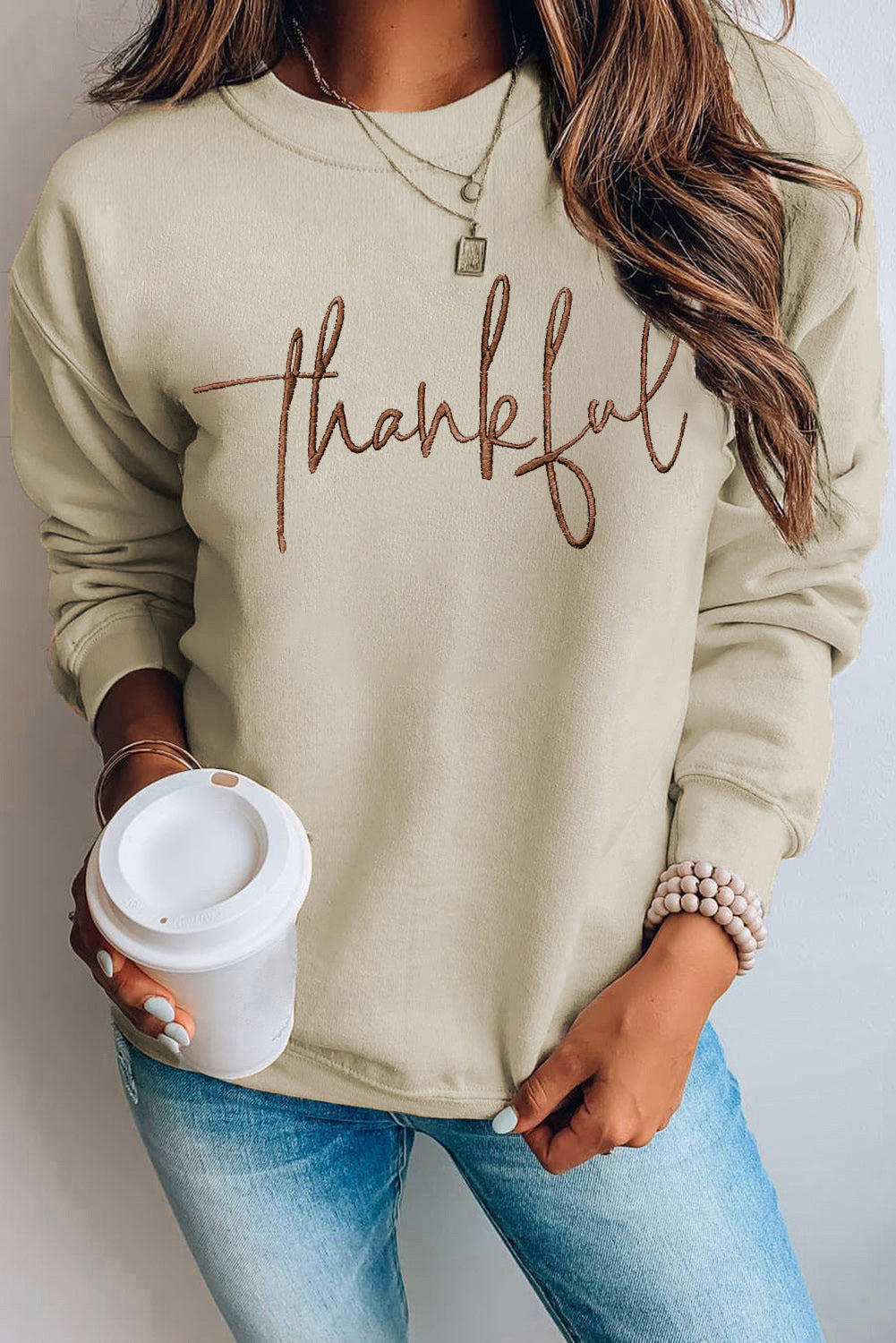 Parchment thankful Embroidered Drop Shoulder Pullover Sweatshirt-Graphic/Graphic Sweatshirts-[Adult]-[Female]-Parchment-S-2022 Online Blue Zone Planet