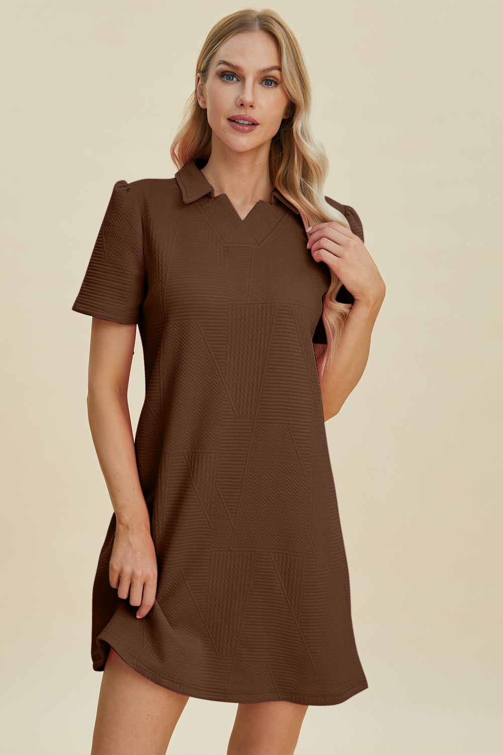 Double Take Full Size Texture Short Sleeve Dress-TOPS / DRESSES-[Adult]-[Female]-2022 Online Blue Zone Planet