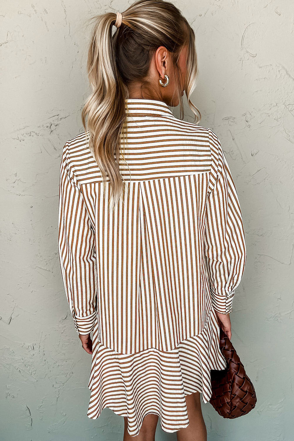 Brown Stripe Ruffled Hem Collared Long Sleeve Shirt Mini Dress-TOPS / DRESSES-[Adult]-[Female]-2022 Online Blue Zone Planet
