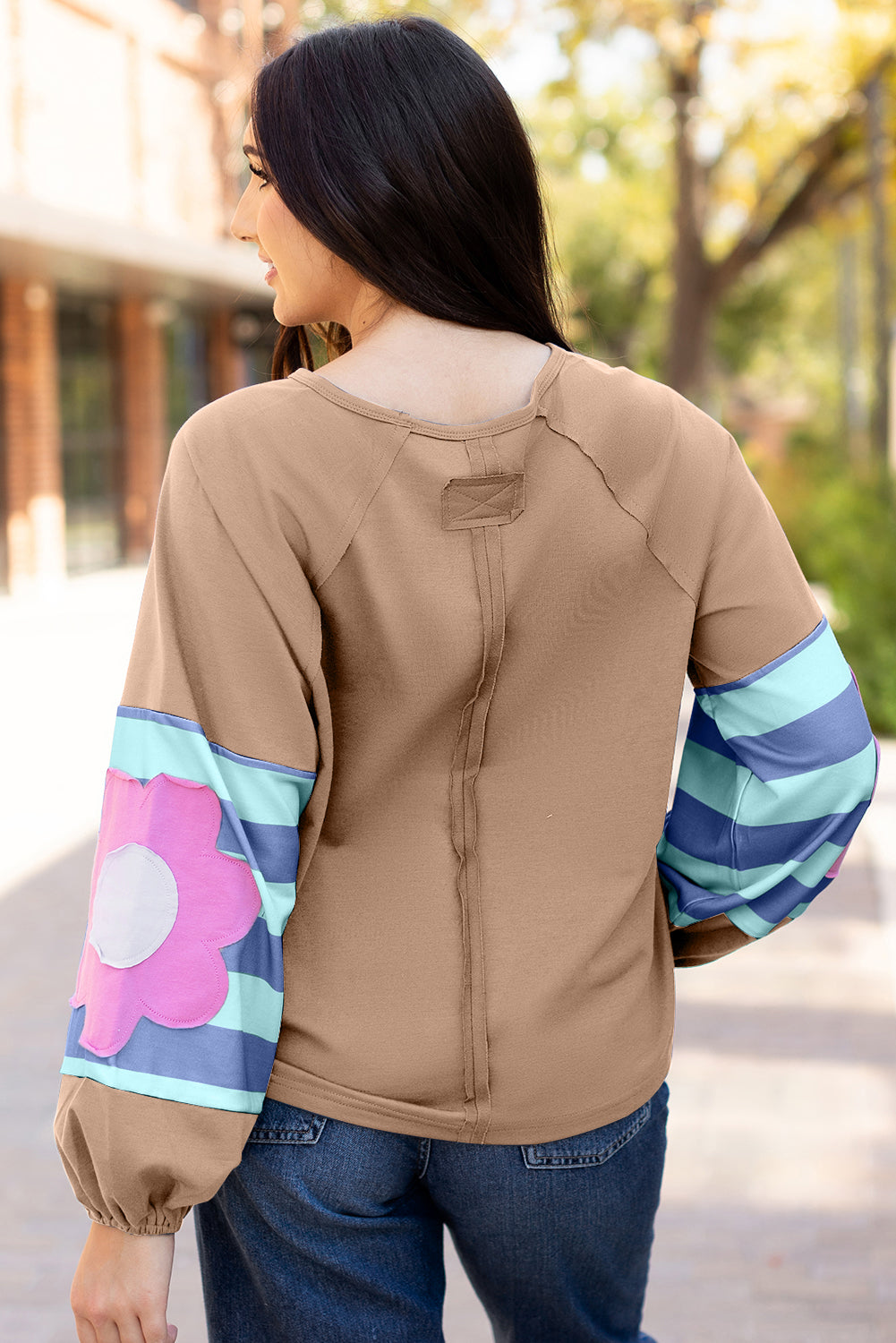 Sail Blue Flower Patchwork Raglan Sleeve Exposed Seam Oversized Top-Tops/Long Sleeve Tops-[Adult]-[Female]-2022 Online Blue Zone Planet