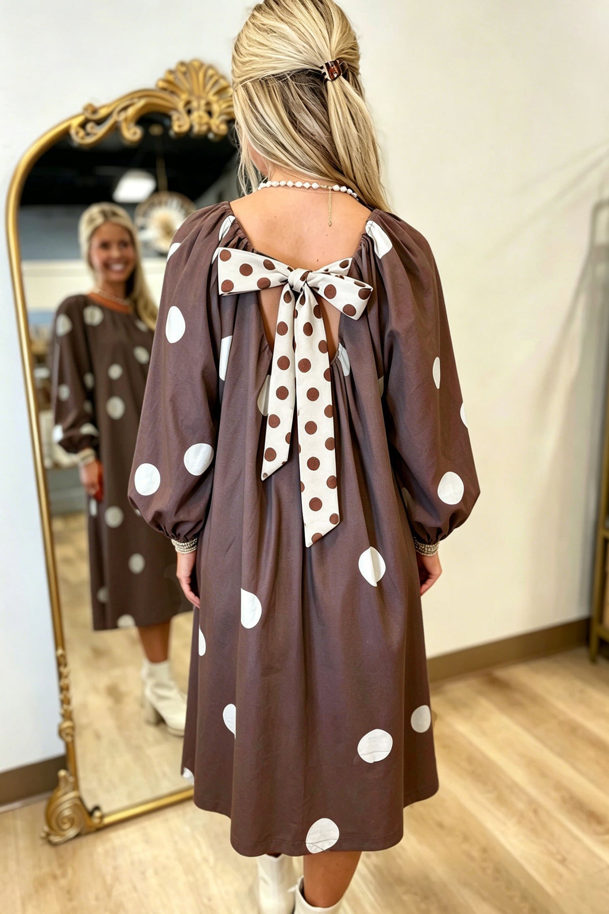 Brown Polka Dot Contrast Bow Knot Back Long Sleeve Midi Dress-TOPS / DRESSES-[Adult]-[Female]-2022 Online Blue Zone Planet