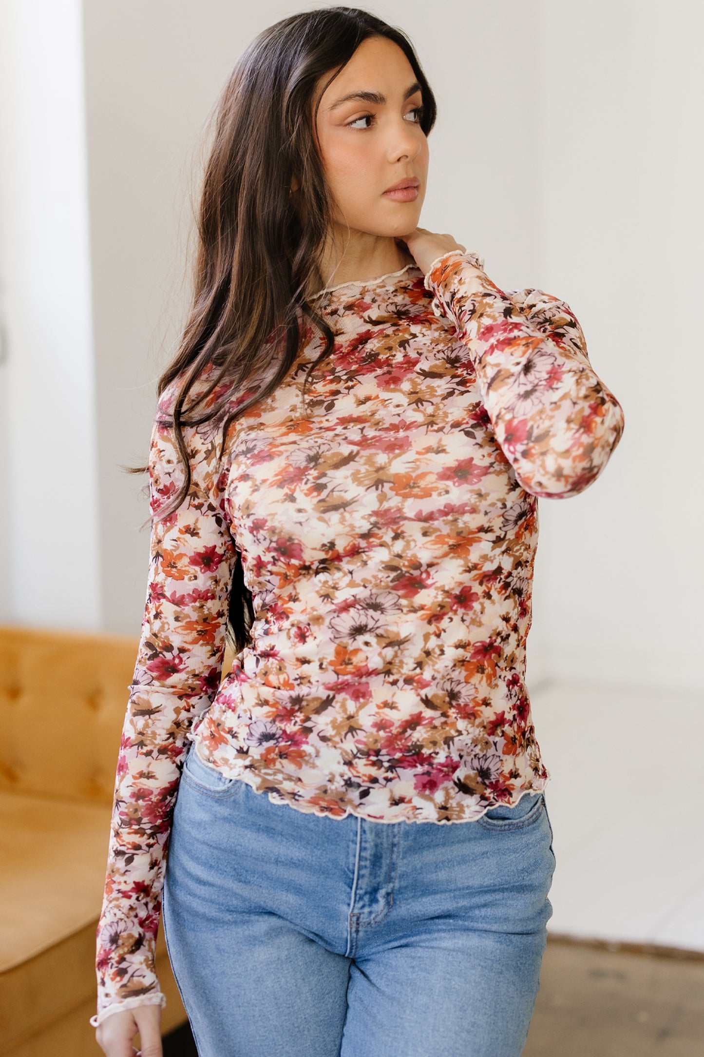 Red Lettuce Trim Floral Print Mesh Long Sleeve Top-Tops/Long Sleeve Tops-[Adult]-[Female]-2022 Online Blue Zone Planet
