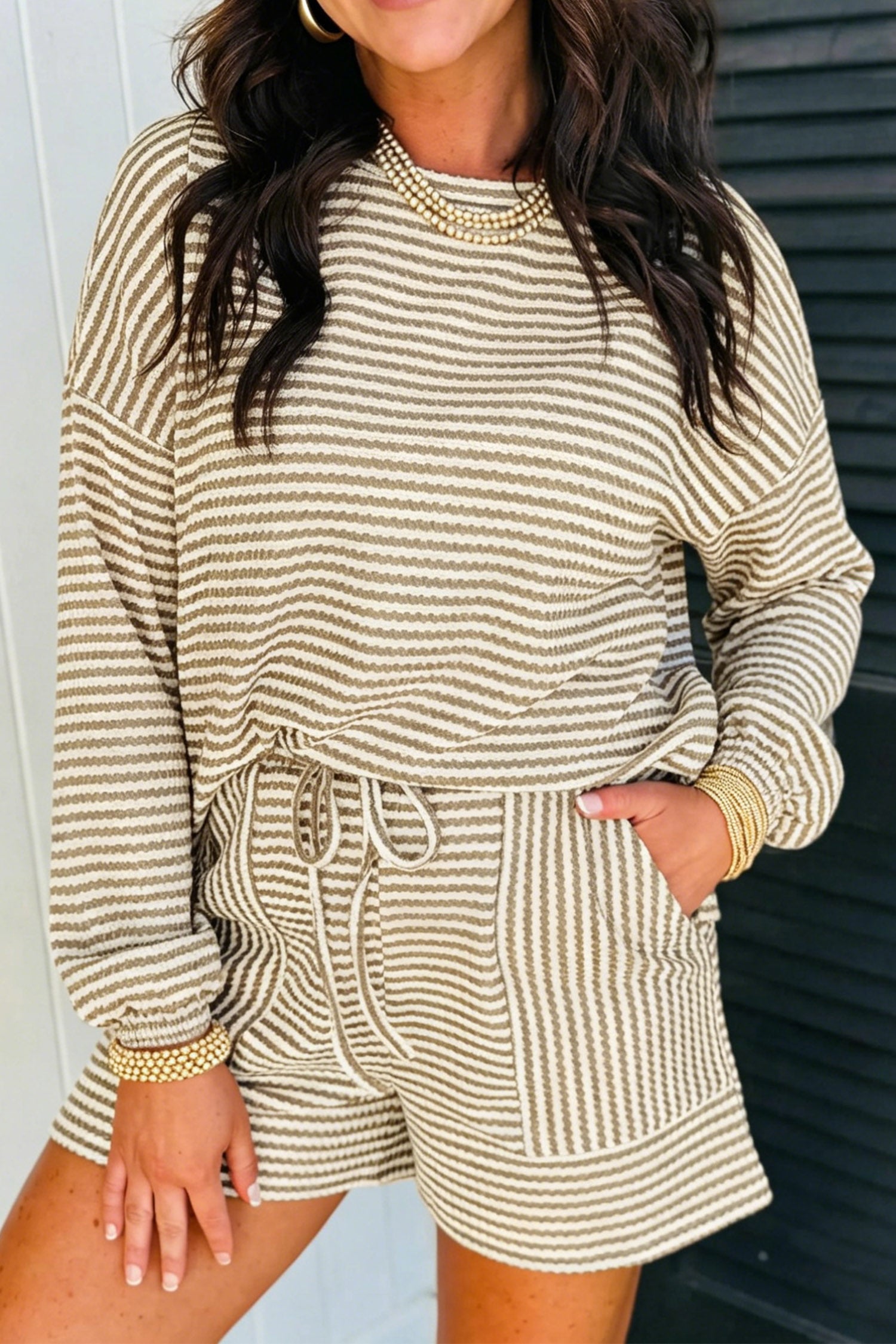 Brown Stripe Textured Knit Long Sleeve Top Elastic Waist Shorts Casual Outfit-Two Piece Sets/Short Sets-[Adult]-[Female]-Brown Stripe-S-2022 Online Blue Zone Planet