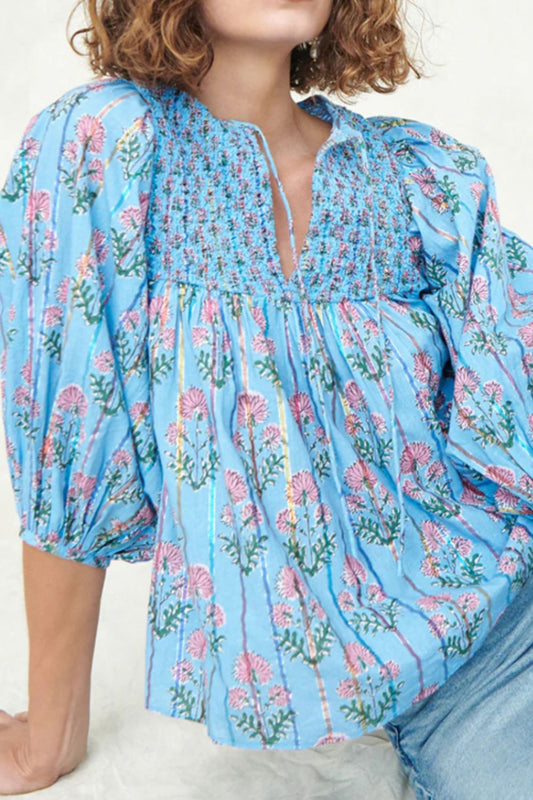 Smocked Floral Print Tie Neck Blouse-TOPS / DRESSES-[Adult]-[Female]-Sky Blue-S-2022 Online Blue Zone Planet