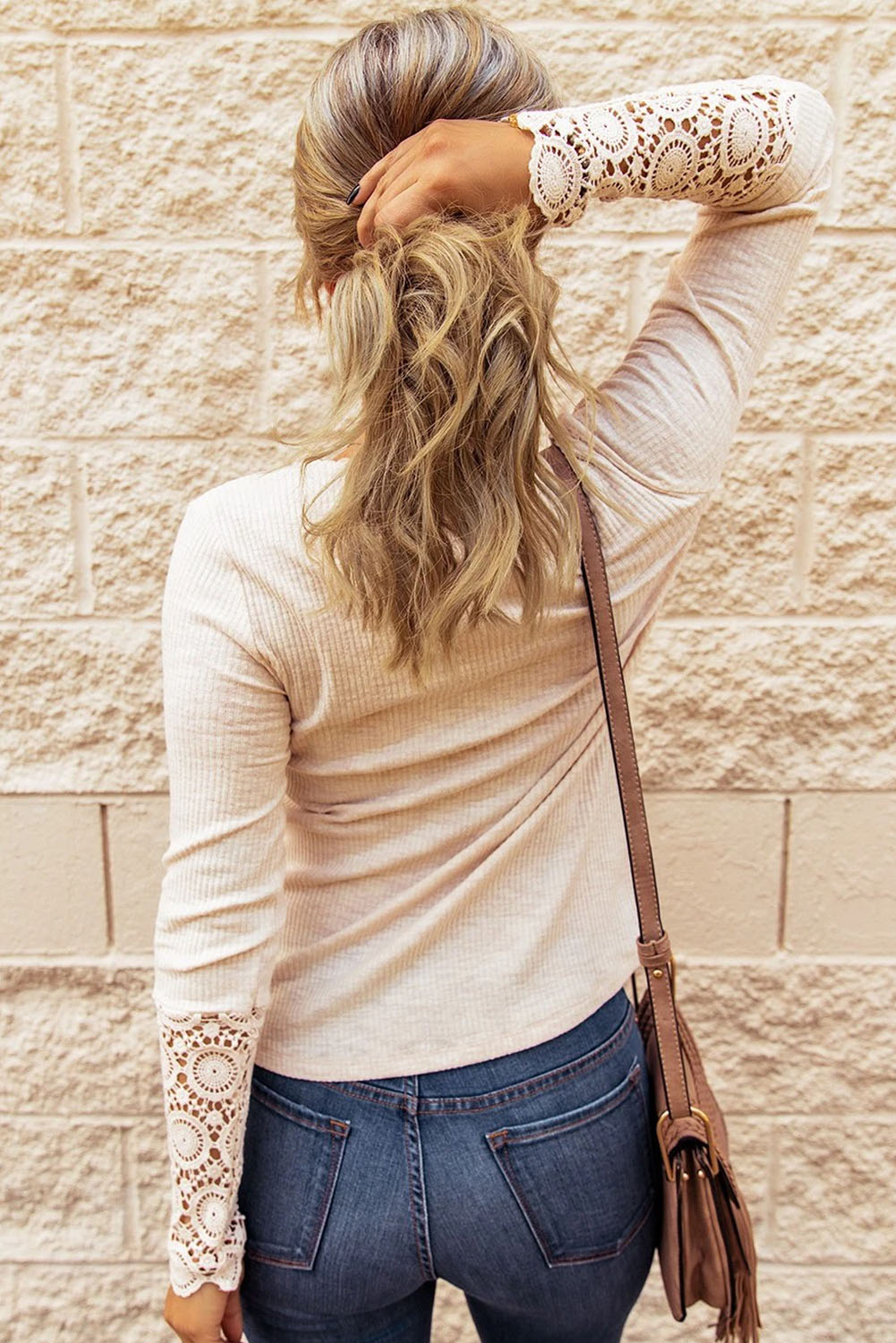 Beige Crochet Lace Hem Sleeve Button Top-Tops/Long Sleeve Tops-[Adult]-[Female]-2022 Online Blue Zone Planet
