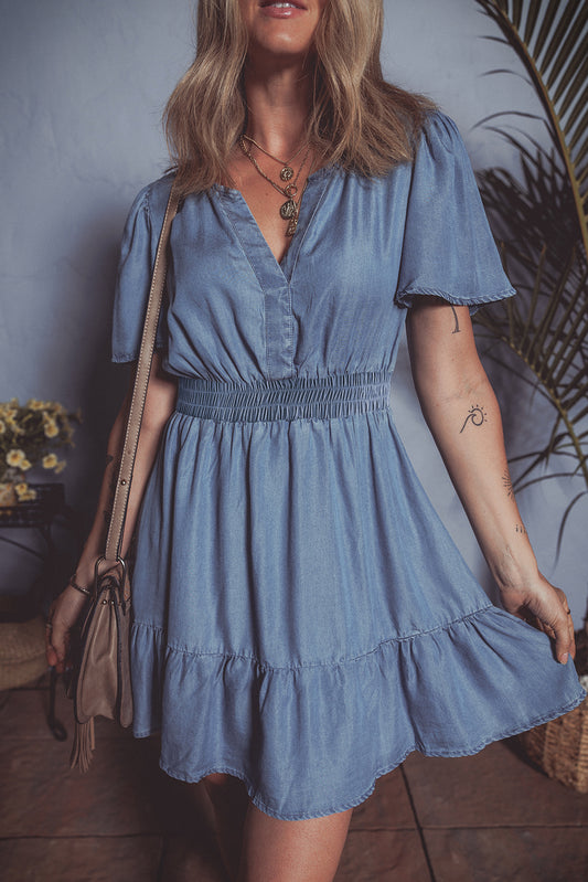 Ashleigh Blue Ruffled V Neck Smocked High Waist Denim Mini Dress-TOPS / DRESSES-[Adult]-[Female]-Ashleigh Blue-S-2022 Online Blue Zone Planet