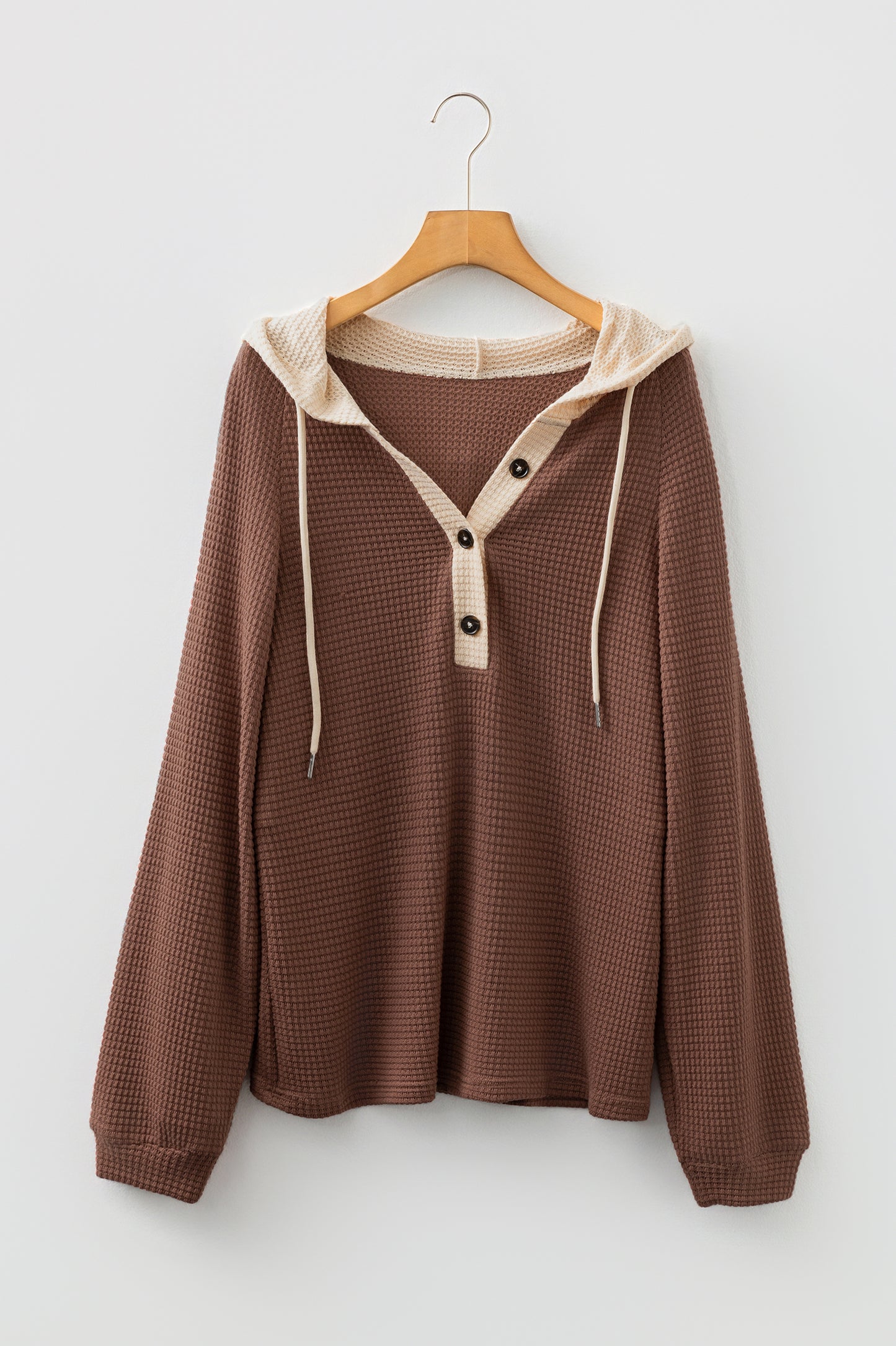 Coffee Waffle Contrast Half Buttoned Hooded Pullover Top-Tops / Dresses-[Adult]-[Female]-2022 Online Blue Zone Planet