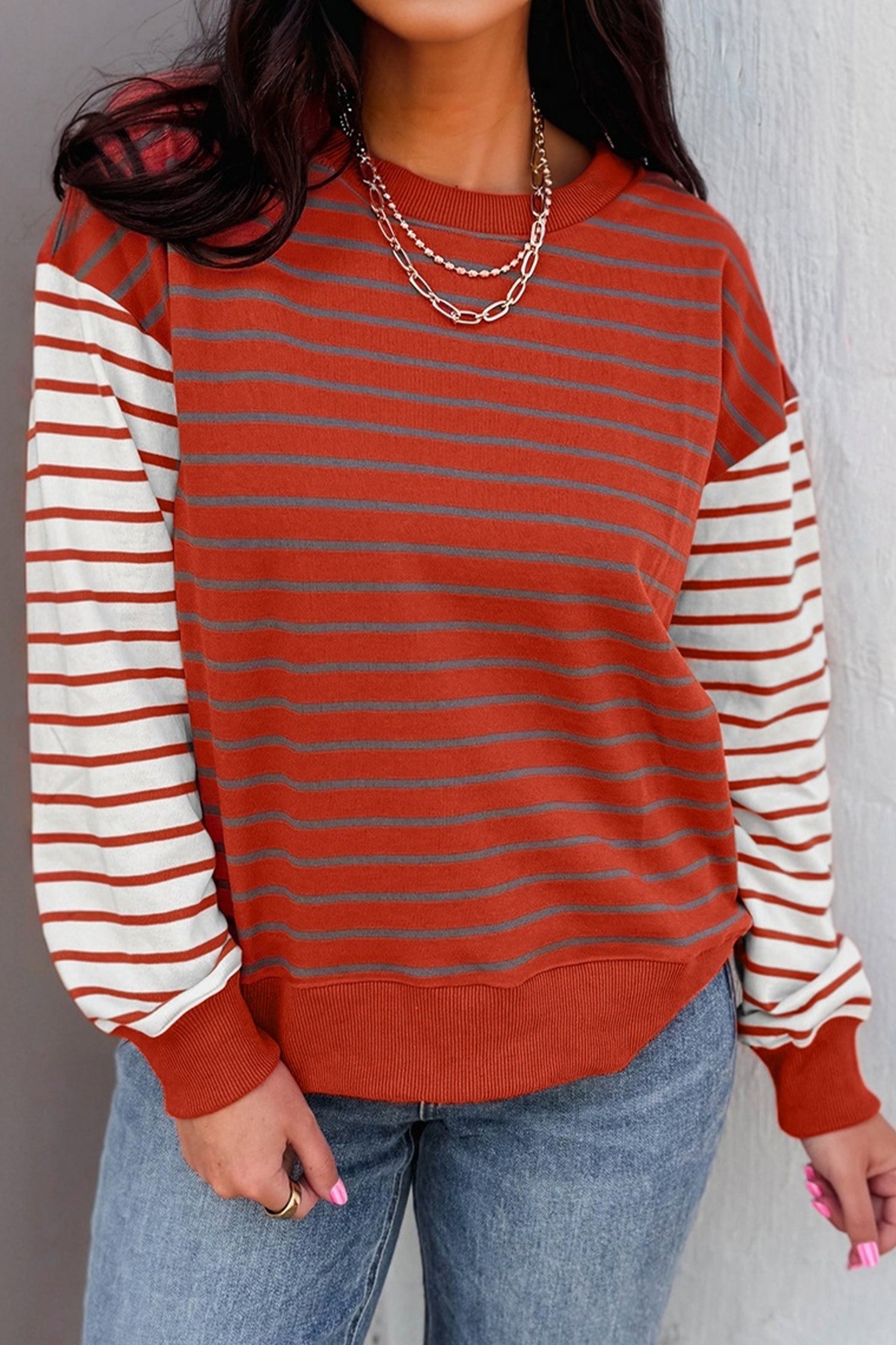 Orange Stripe Contrast Sleeve Patchwork Drop Shoulder Long Sleeve Sweatshirt-Tops/Sweatshirts & Hoodies-[Adult]-[Female]-2022 Online Blue Zone Planet