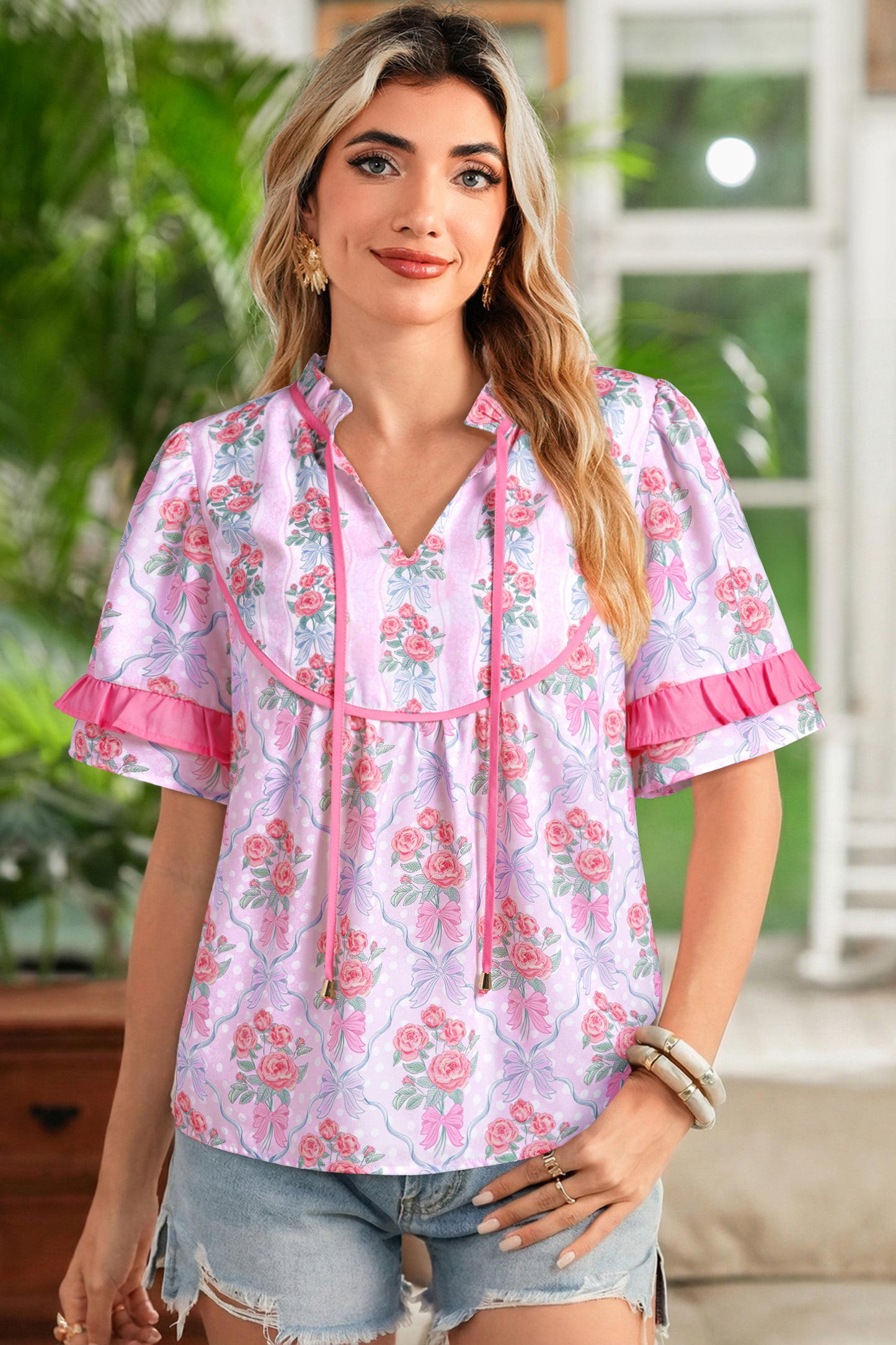 Purple Coquette Floral Bow Printed Contrast Ruffled Short Sleeve Blouse-Tops/Blouses & Shirts-[Adult]-[Female]-2022 Online Blue Zone Planet