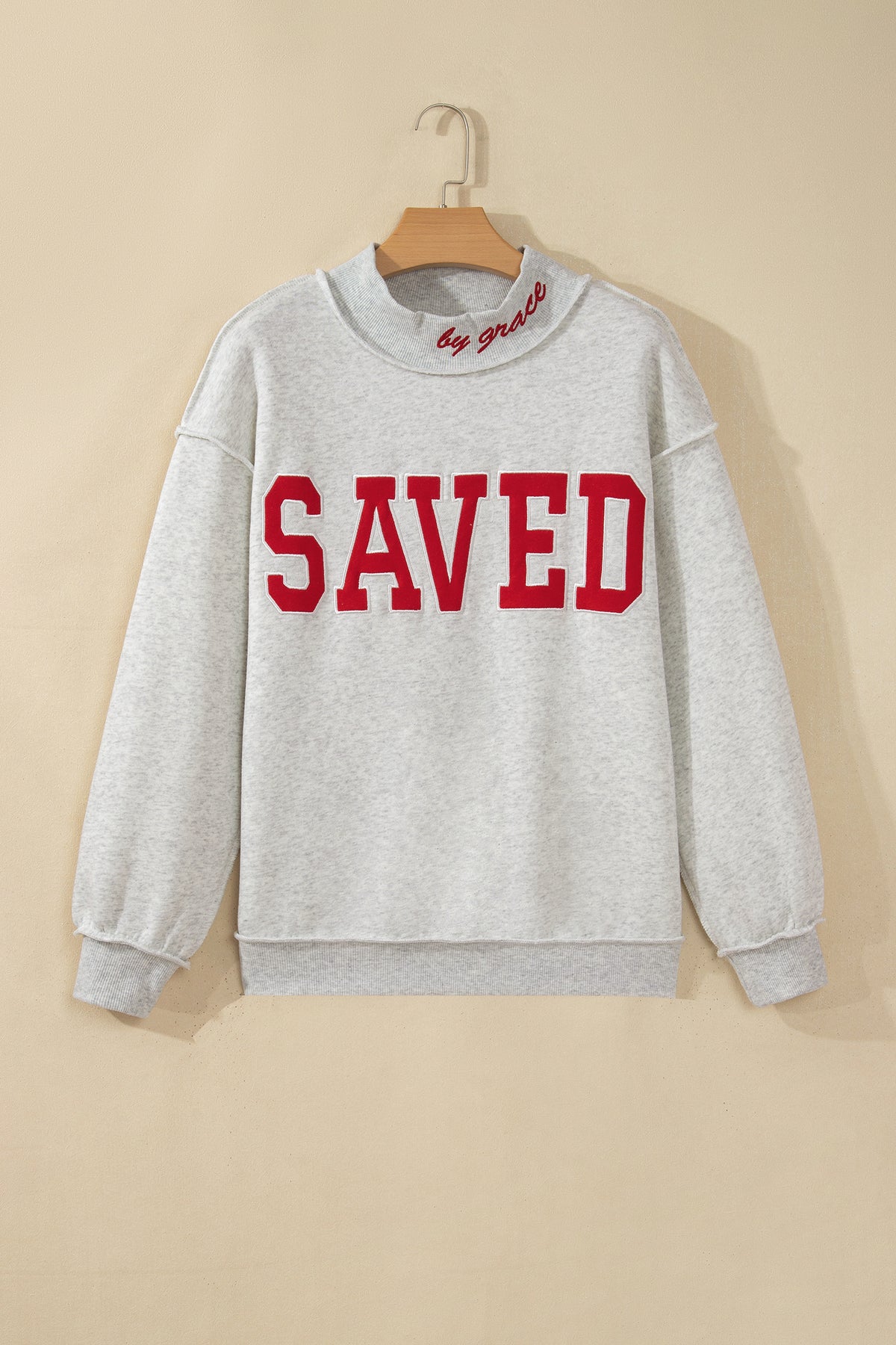 Gray Saved By Grace Embroidered Detail Letter Graphic High Neck Sweatshirt-Tops/Sweatshirts & Hoodies-[Adult]-[Female]-2022 Online Blue Zone Planet