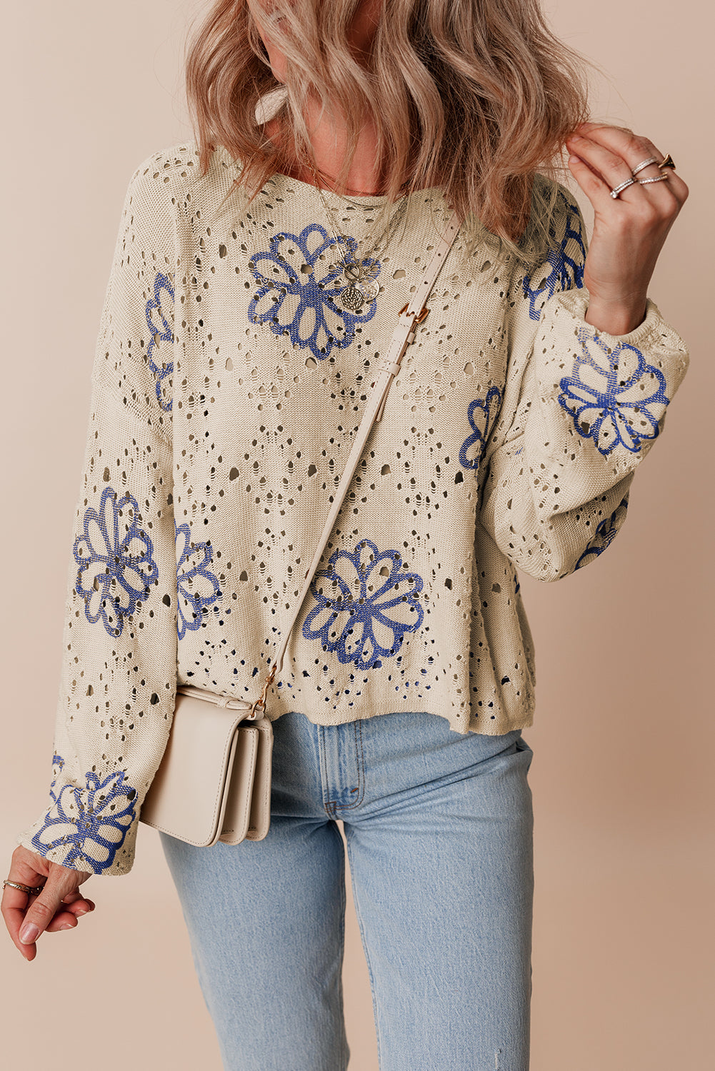 Beige Contrast Flower Print Eyelet Drop Shoulder Sweater-Sweaters & Cardigans/Sweaters-[Adult]-[Female]-2022 Online Blue Zone Planet