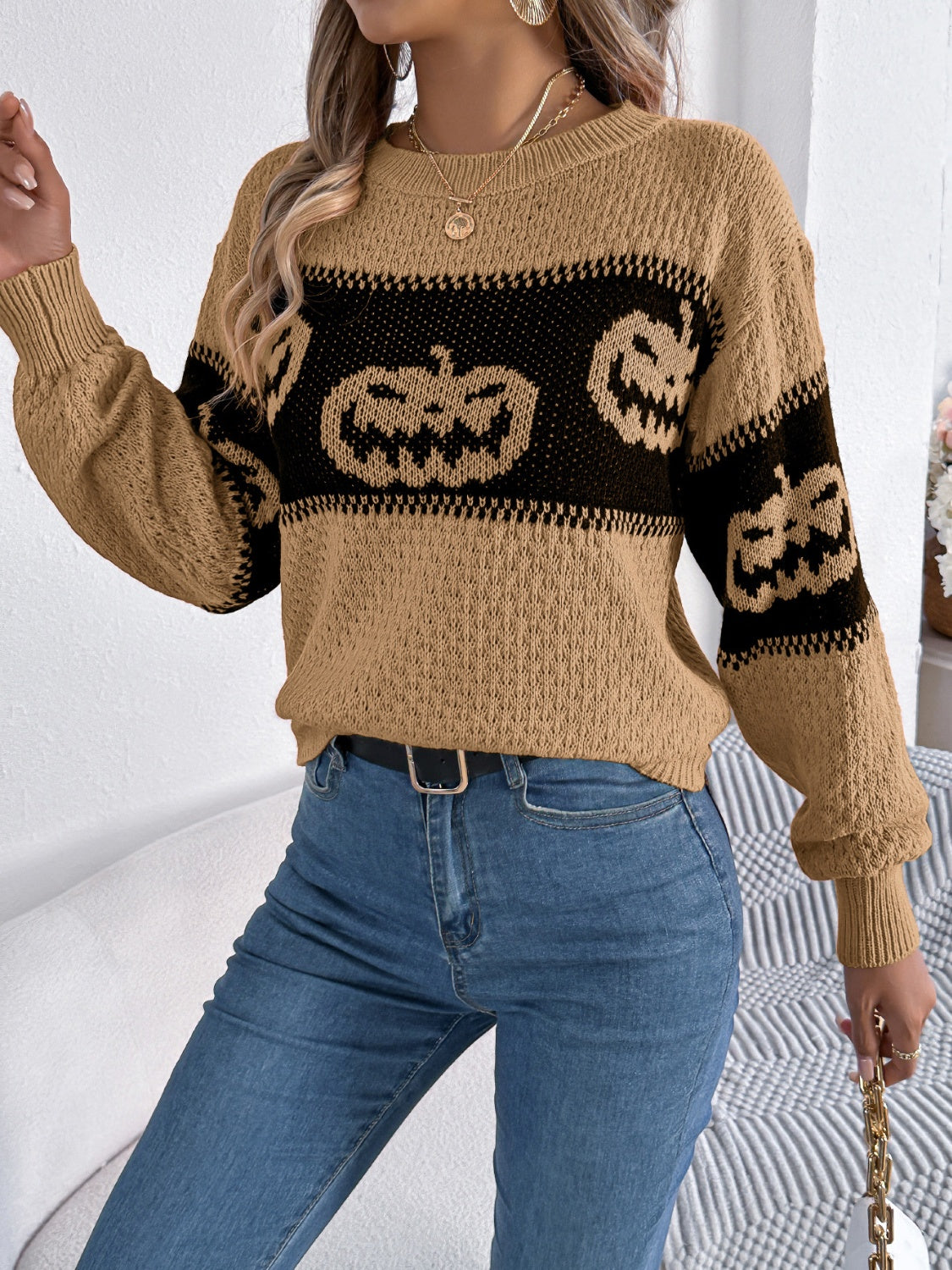 Pumpkin Round Neck Long Sleeve Sweater-TOPS / DRESSES-[Adult]-[Female]-2022 Online Blue Zone Planet