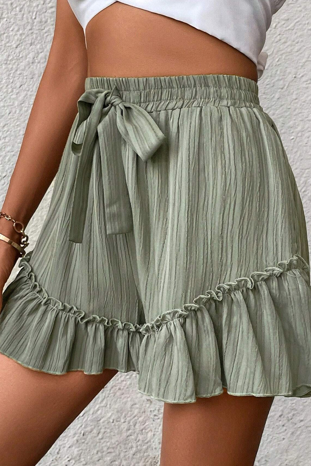 Laurel Green Textured Tie Waist Ruffle Hem Shorts-Bottoms/Casual Shorts-[Adult]-[Female]-2022 Online Blue Zone Planet