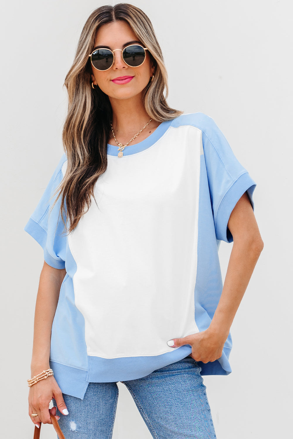 Sky Blue Color Block Exposed Seam Crew Neck T Shirt-Tops/Tops & Tees-[Adult]-[Female]-2022 Online Blue Zone Planet