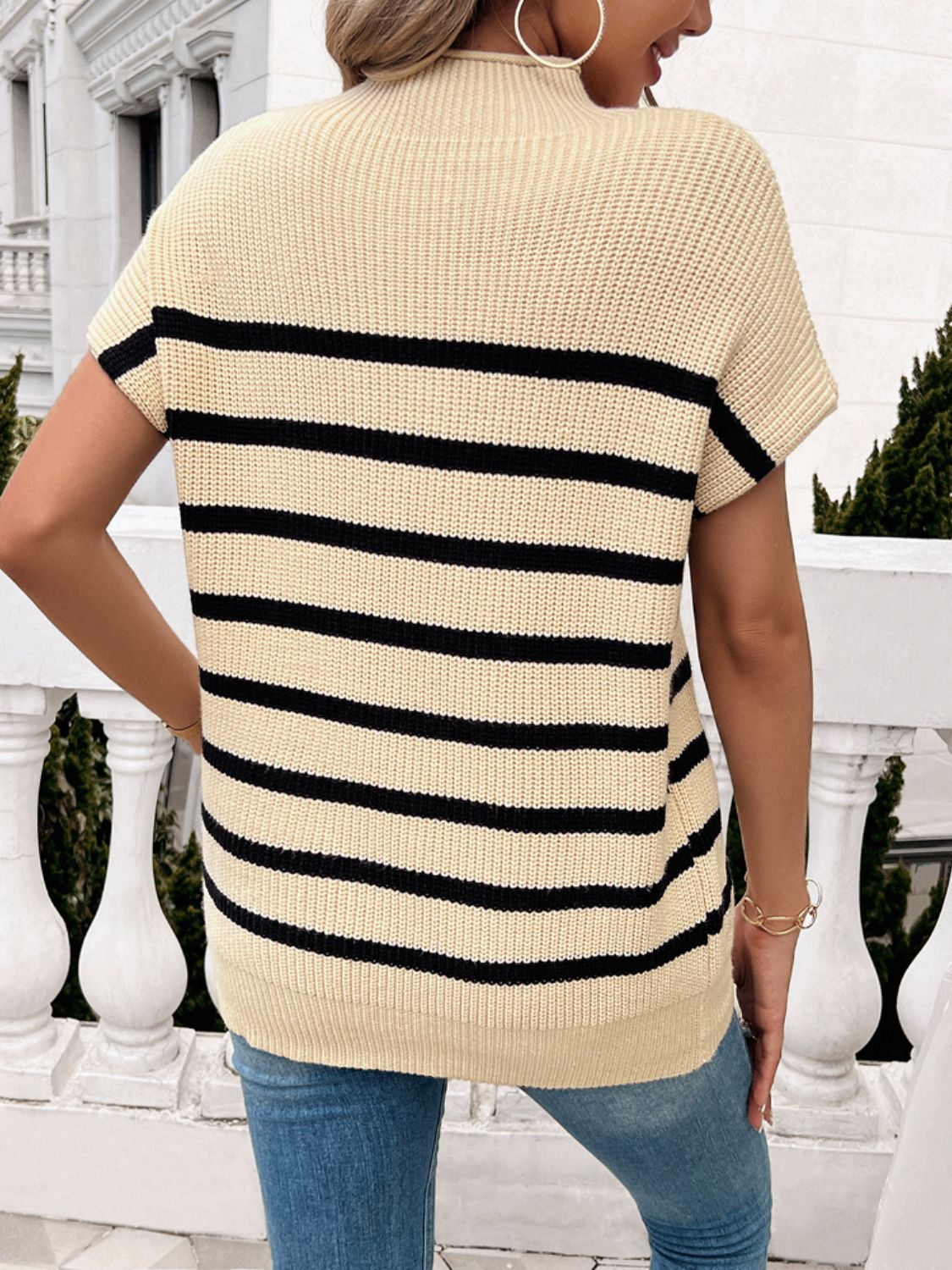 Striped Mock Neck Short Sleeve Sweater-TOPS / DRESSES-[Adult]-[Female]-2022 Online Blue Zone Planet