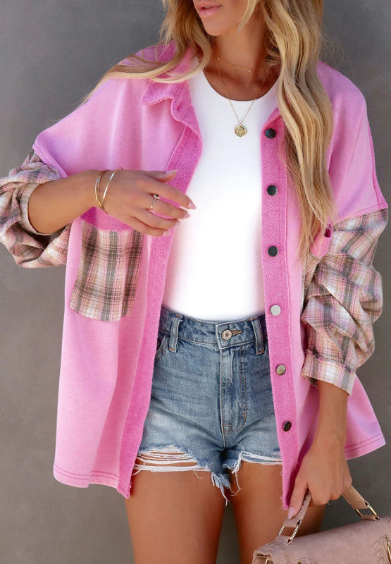 Blue Zone Planet | Plaid Button Up Shacket with Chest Pockets-TOPS / DRESSES-[Adult]-[Female]-Fuchsia Pink-S-2022 Online Blue Zone Planet