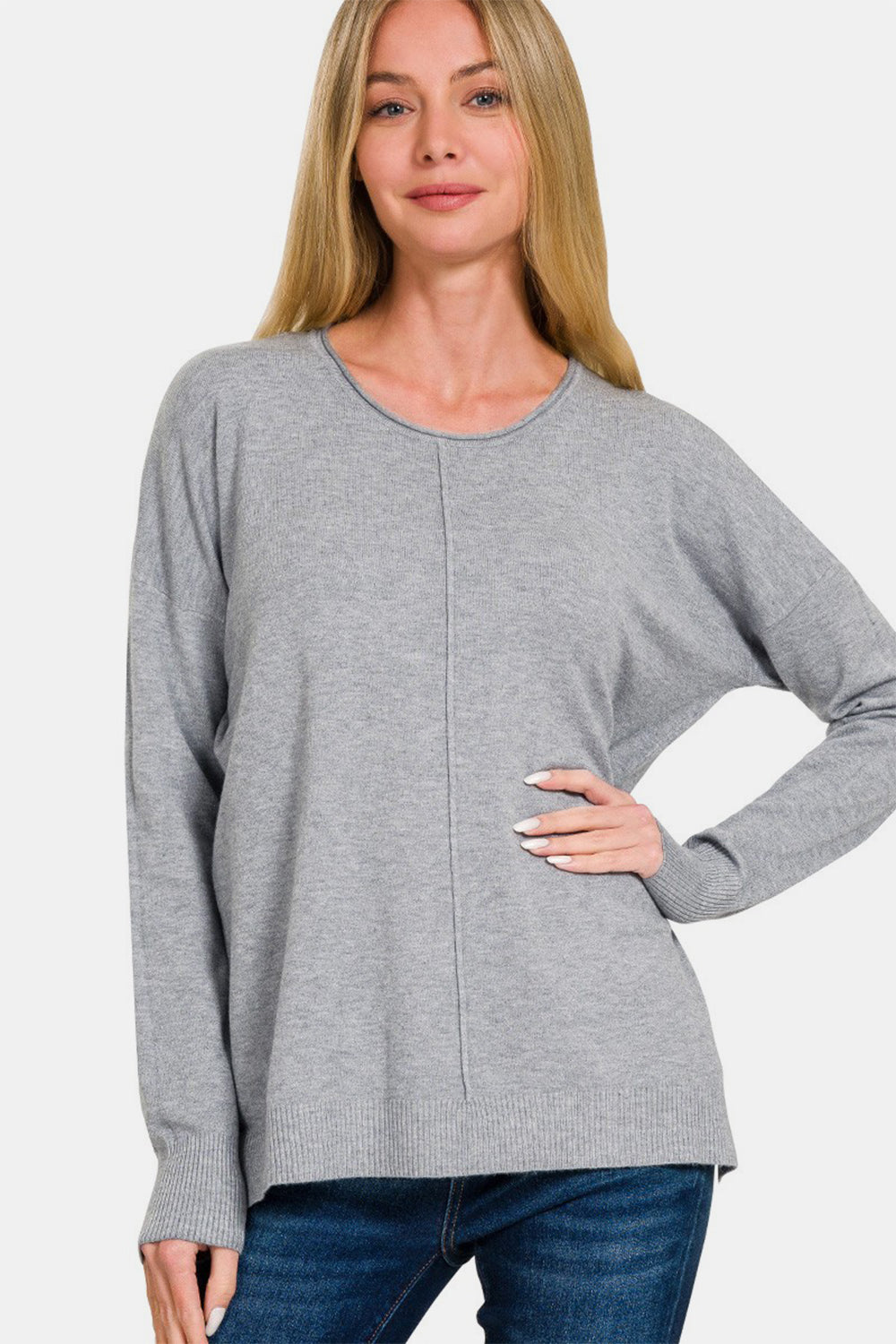 Blue Zone Planet | Zenana Front Seam Round Neck Sweater-TOPS / DRESSES-[Adult]-[Female]-Gray-S-2022 Online Blue Zone Planet