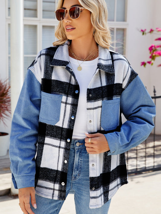 Blue Zone Planet | Pocketed Plaid Snap Down Denim Jacket-TOPS / DRESSES-[Adult]-[Female]-Dusty Blue-S-2022 Online Blue Zone Planet