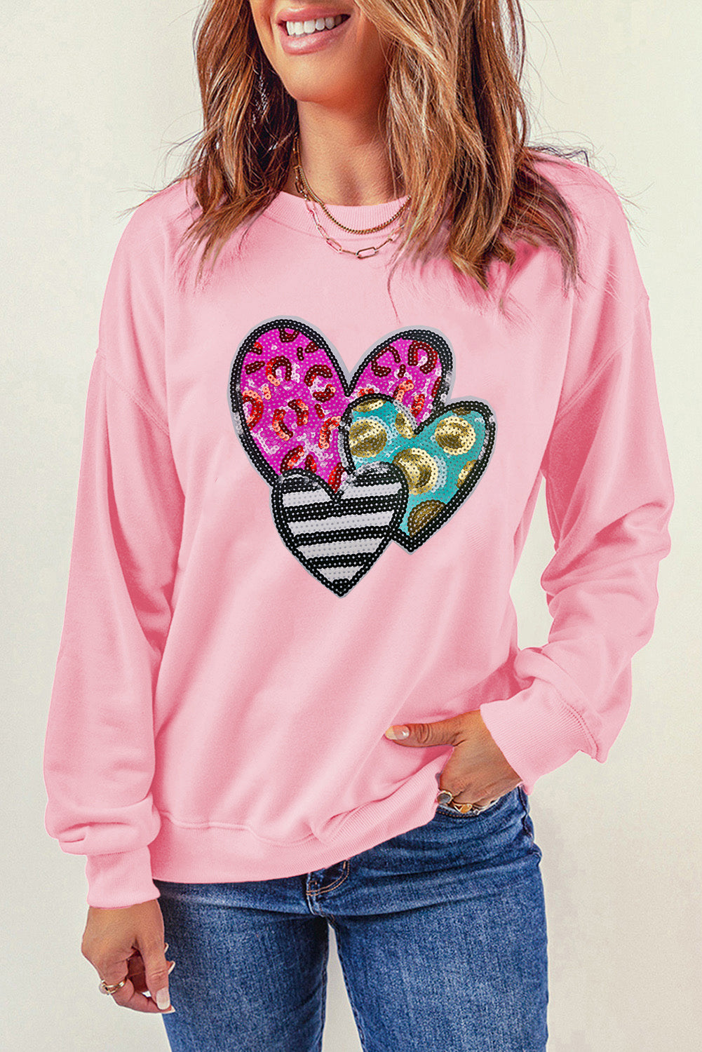 Pink Leopard Heart Patched Graphic Valentines Pullover Sweatshirt-Graphic Sweatshirts-[Adult]-[Female]-2022 Online Blue Zone Planet