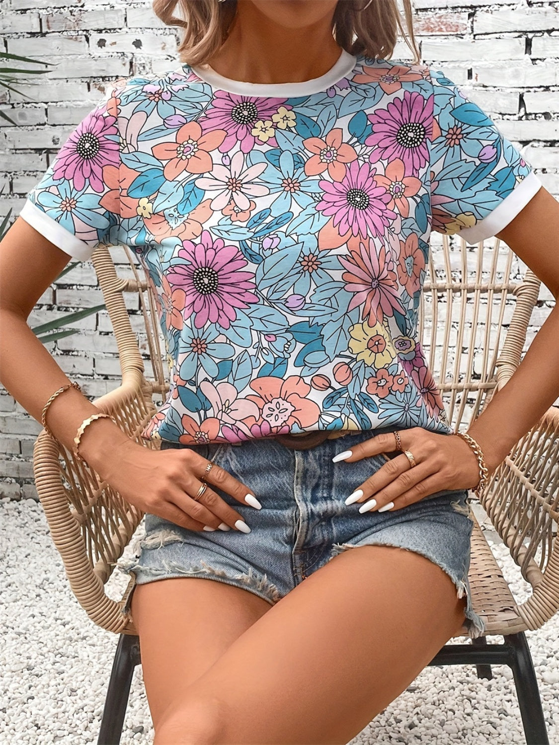 Floral Round Neck Short Sleeve T-Shirt-TOPS / DRESSES-[Adult]-[Female]-2022 Online Blue Zone Planet