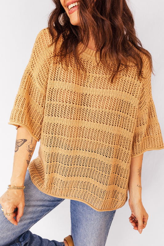 Mustard Hollow out Openwork Knit 3/4 Sleeve Sweater-TOPS / DRESSES-[Adult]-[Female]-Mustard-S-2022 Online Blue Zone Planet