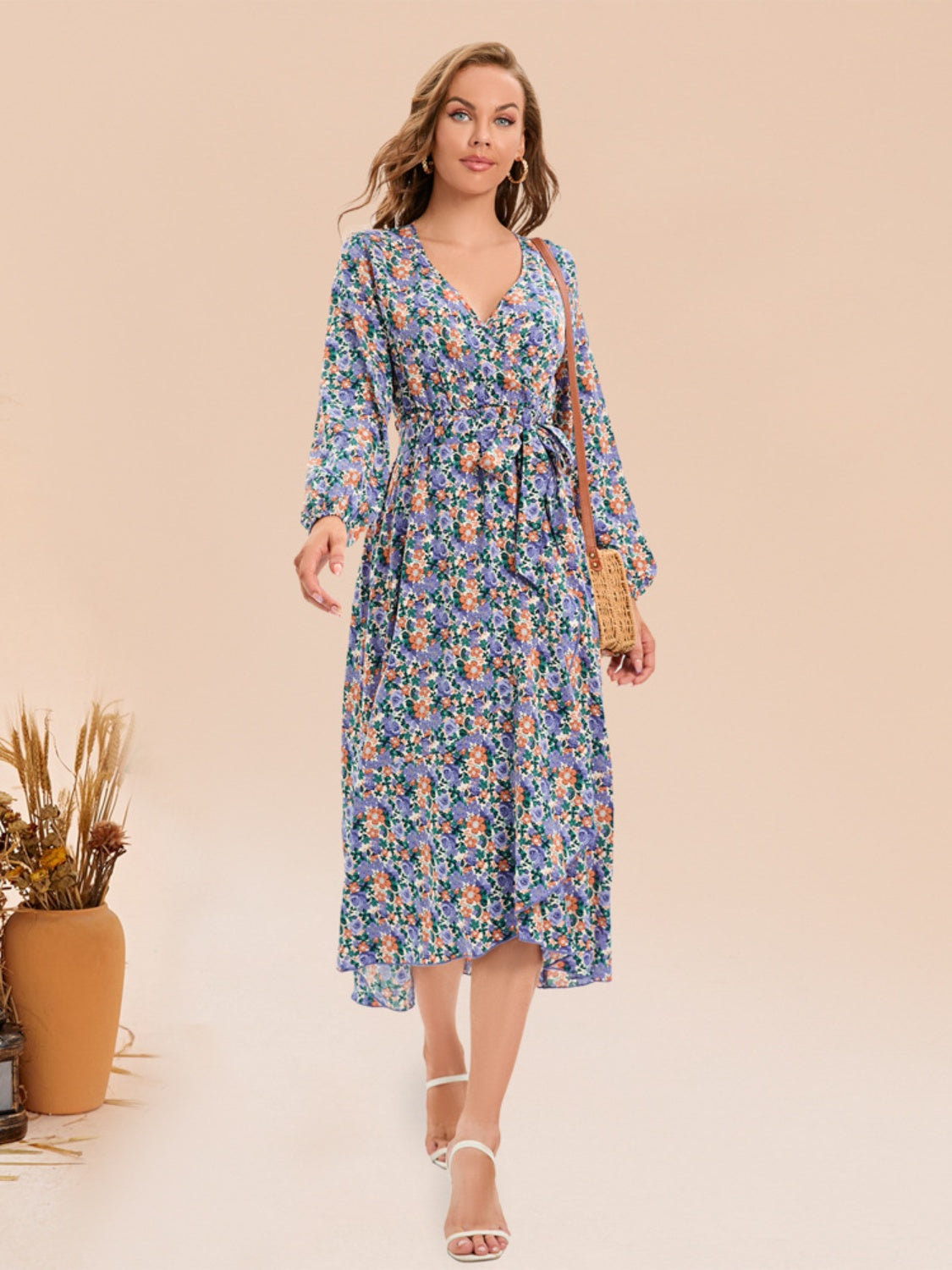 Full Size Printed Surplice Long Sleeve Dress BLUE ZONE PLANET