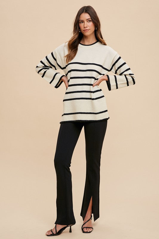 Blue Zone Planet | Annie Wear Side Slit Striped Round Neck Sweater-TOPS / DRESSES-[Adult]-[Female]-2022 Online Blue Zone Planet