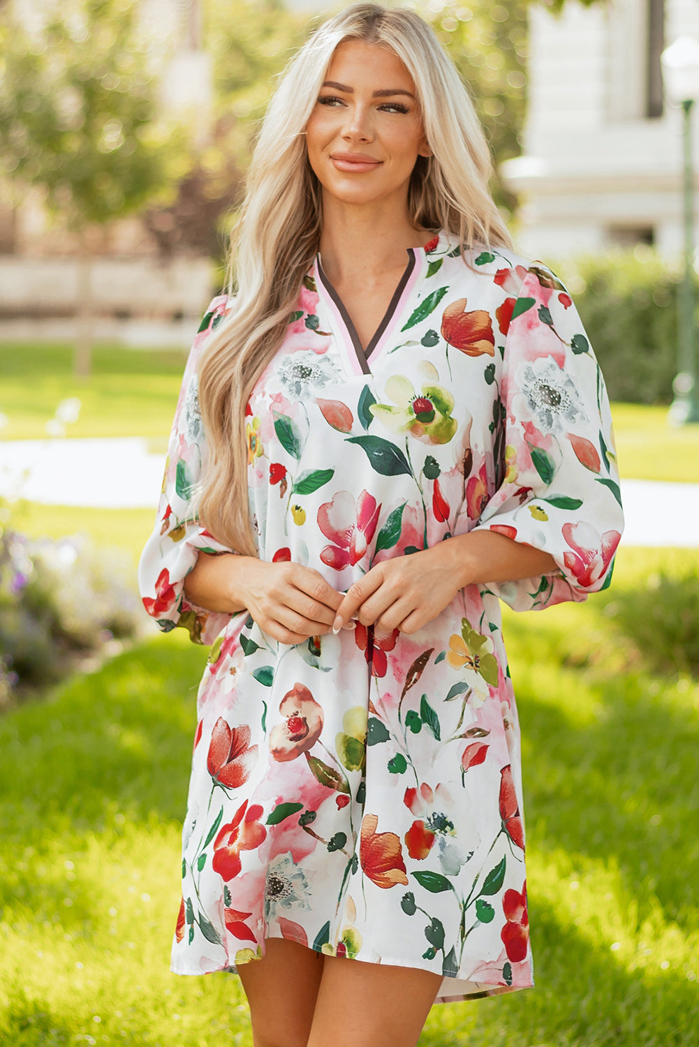 Red Floral Contrast Striped V Neck Puff Half Sleeve Shift Dress-TOPS / DRESSES-[Adult]-[Female]-2022 Online Blue Zone Planet
