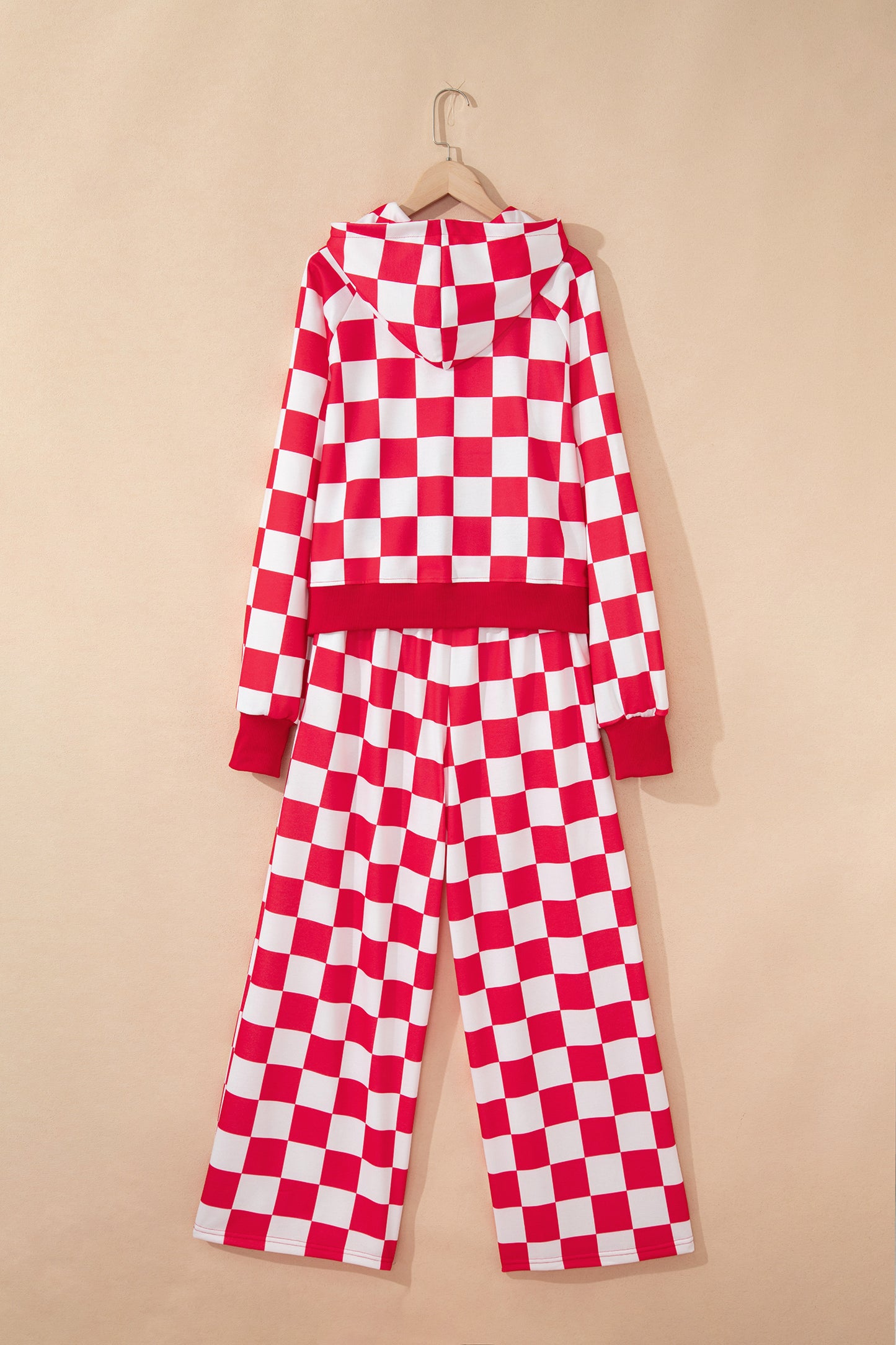 Red Checkered Print Half Zip Hoodie Loose Pant Set-Tops / Dresses-[Adult]-[Female]-2022 Online Blue Zone Planet
