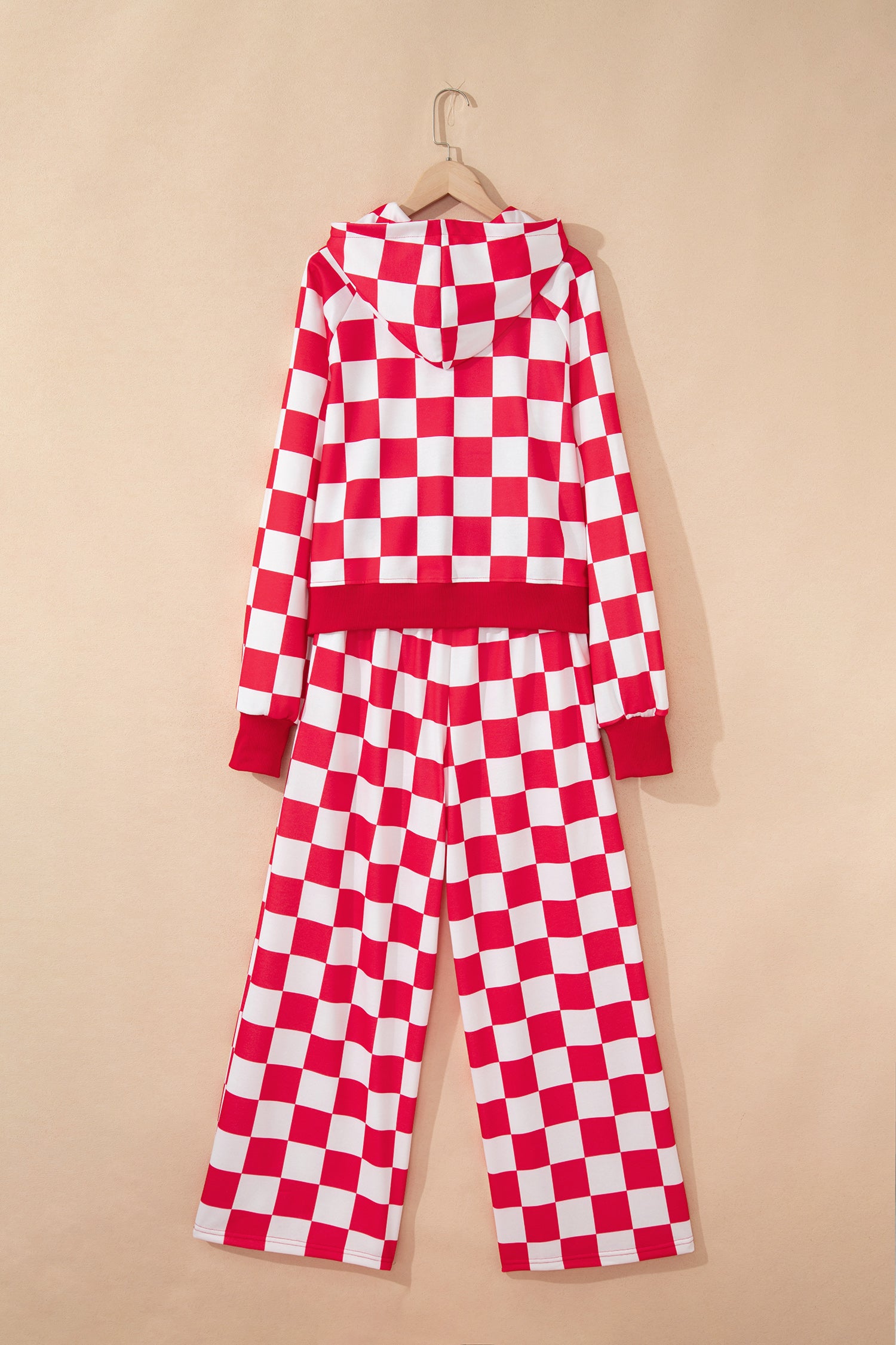 Red Checkered Print Half Zip Hoodie Loose Pant Set-Tops / Dresses-[Adult]-[Female]-2022 Online Blue Zone Planet