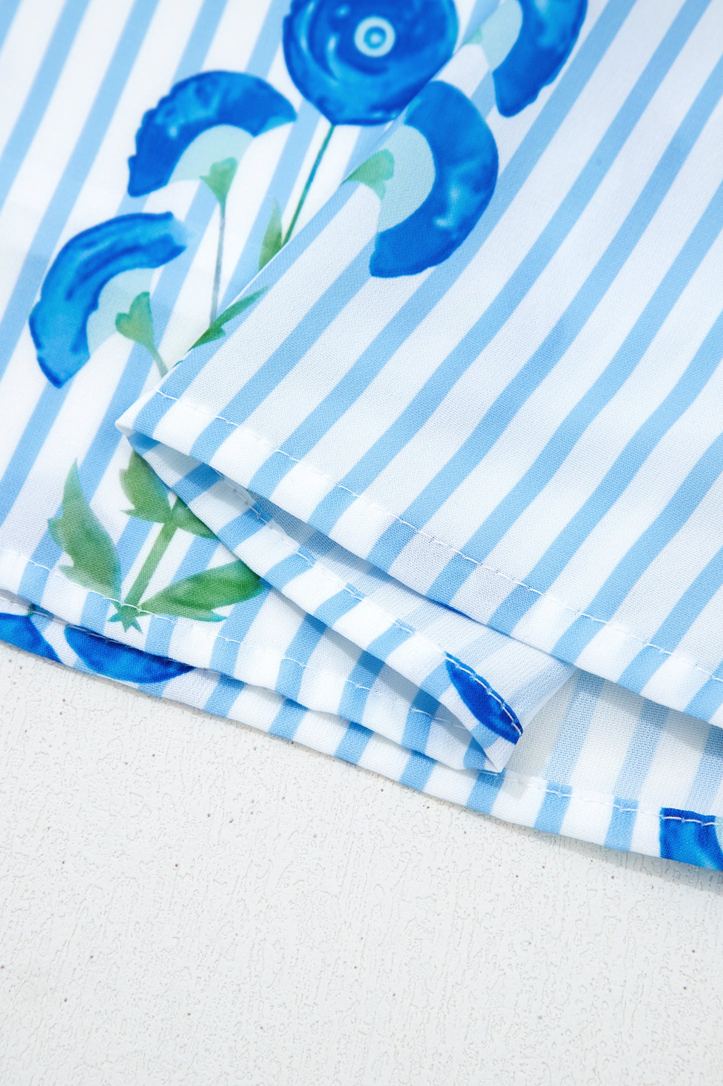 Sky Blue Floral Striped Print Tie Notched Neck Puff Sleeve Flared Mini Dress-TOPS / DRESSES-[Adult]-[Female]-2022 Online Blue Zone Planet