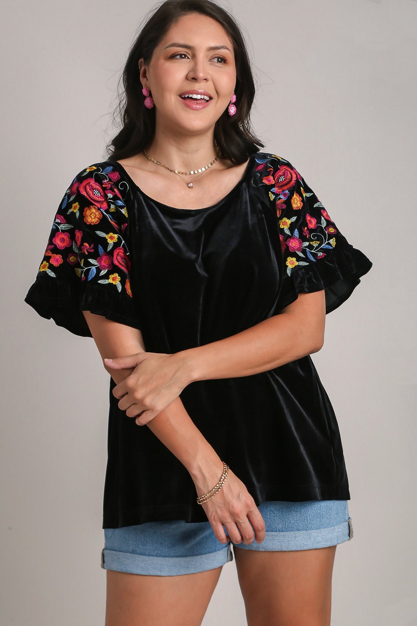 Blue Zone Planet | Umgee Full Size Velvet Embroidery Short Sleeve Blouse-TOPS / DRESSES-[Adult]-[Female]-2022 Online Blue Zone Planet