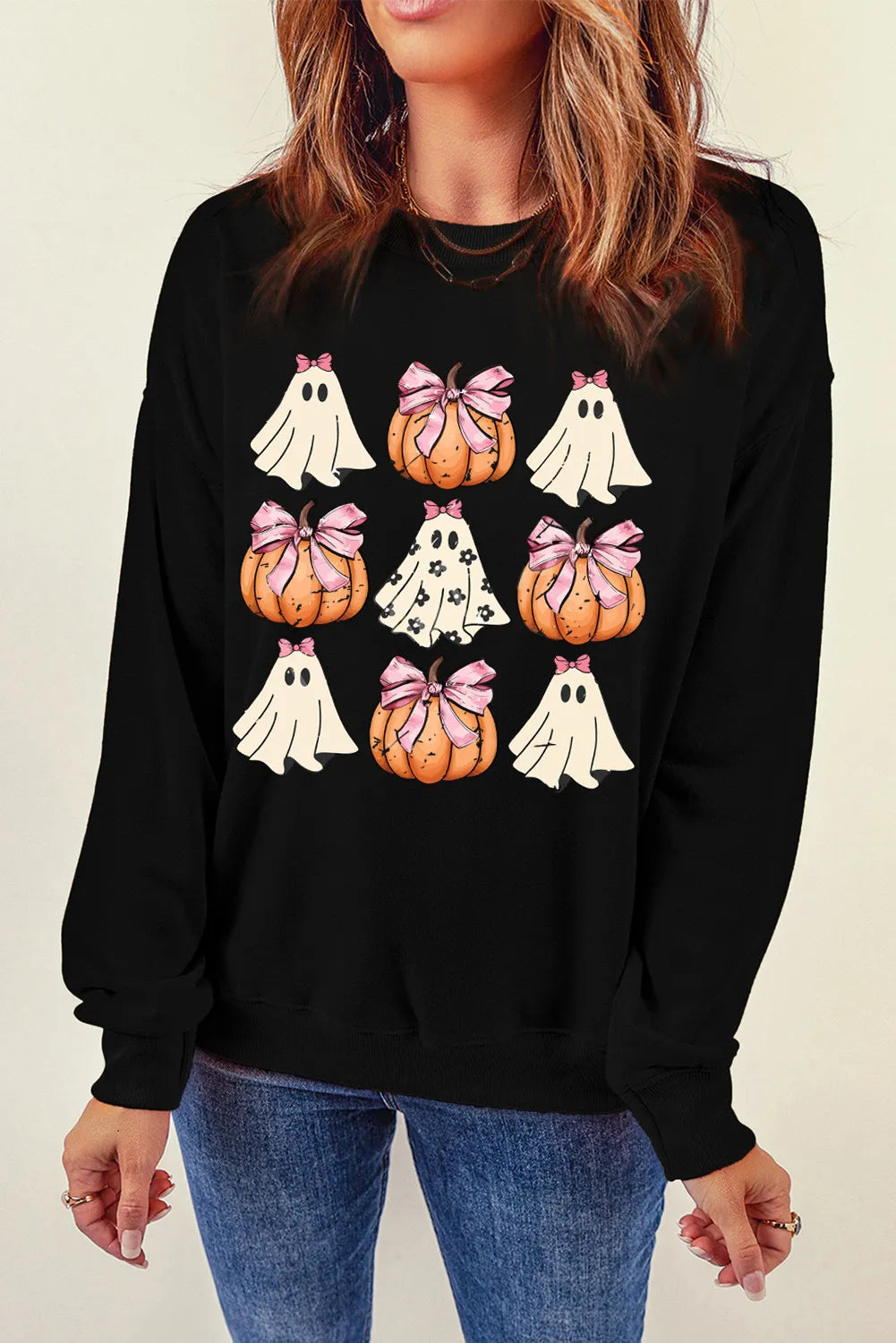 Blue Zone Planet | Pumpkin & Ghost Round Neck Long Sleeve Sweatshirt-TOPS / DRESSES-[Adult]-[Female]-Black-S-2022 Online Blue Zone Planet