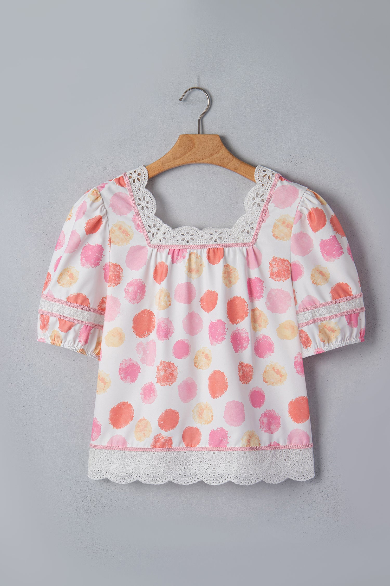 Pink Polka Dot Lace Trim Square Neck Puff Sleeve Blouse-Tops/Blouses & Shirts-[Adult]-[Female]-2022 Online Blue Zone Planet