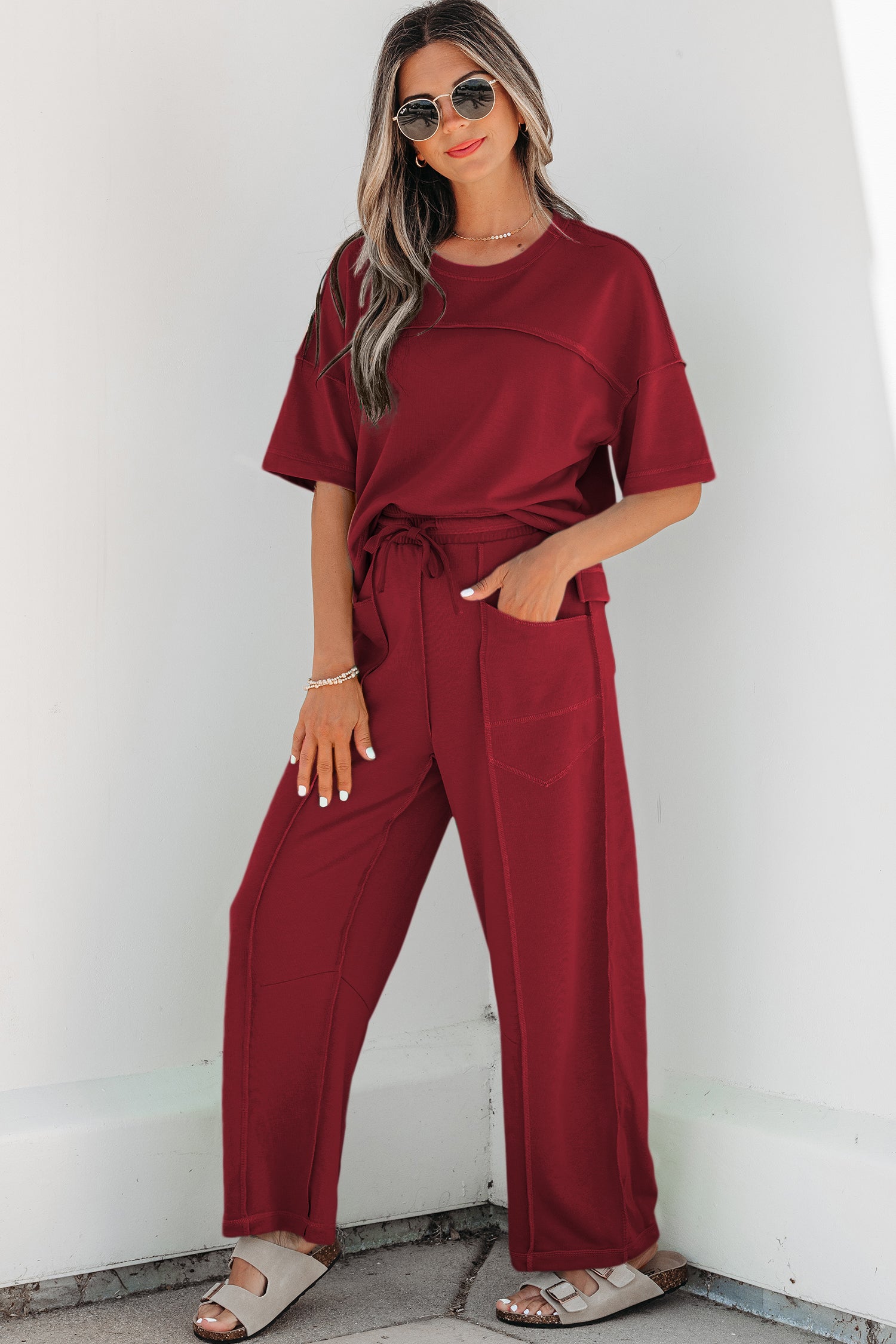 Racing Red Drop Shoulder Boxy Tee and Barrel Pants Set-Two Piece Sets/Pant Sets-[Adult]-[Female]-2022 Online Blue Zone Planet