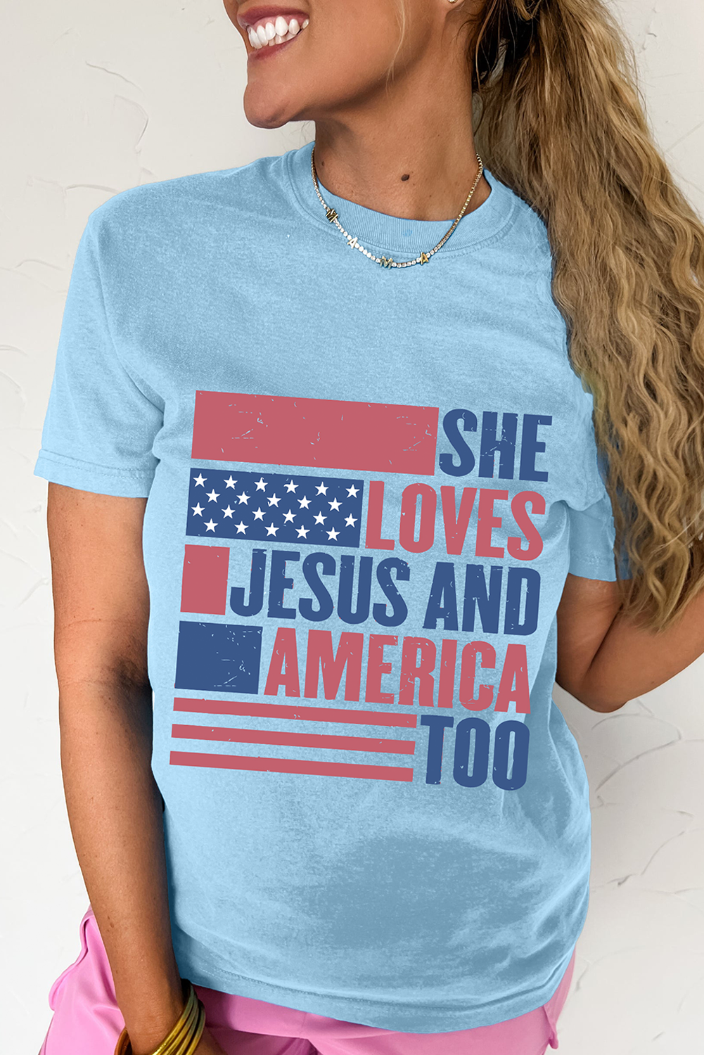 Light Blue SHE LOVES JESUS AND AMERICA TOO Flag Graphic T Shirt-Graphic/Graphic Tees-[Adult]-[Female]-2022 Online Blue Zone Planet