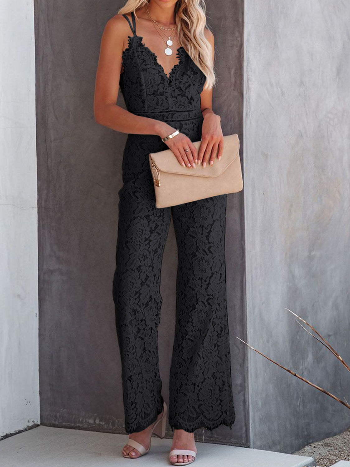 Lace V-Neck Spaghetti Strap Jumpsuit-TOPS / DRESSES-[Adult]-[Female]-2022 Online Blue Zone Planet