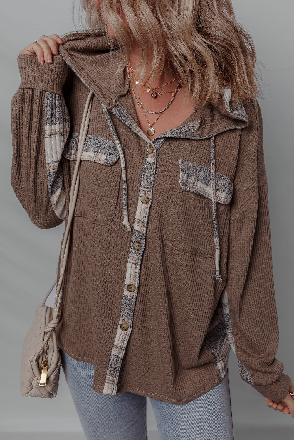 Brown Plaid Patchwork Button Down Drawstring Hooded Shacket-Tops / Dresses-[Adult]-[Female]-2022 Online Blue Zone Planet
