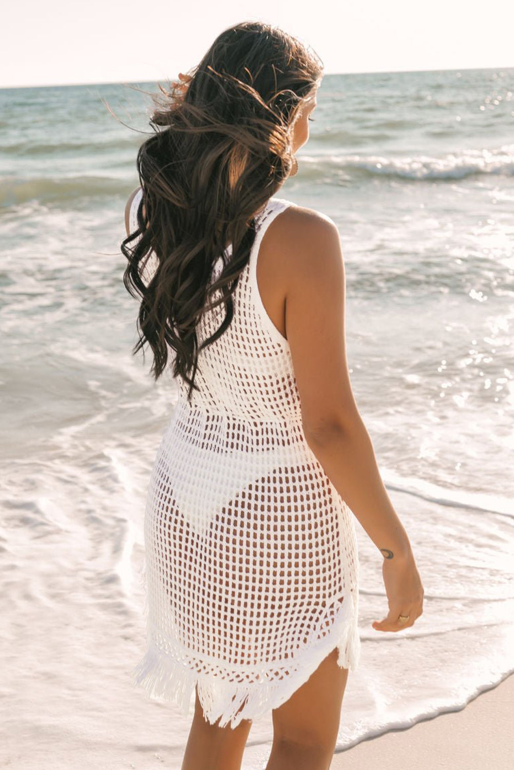 Blue Zone Planet | White Crochet Fishnet Fringed Edge V Neck Beach Cover Up-Swimwear/Beach Cover-ups-[Adult]-[Female]-2022 Online Blue Zone Planet