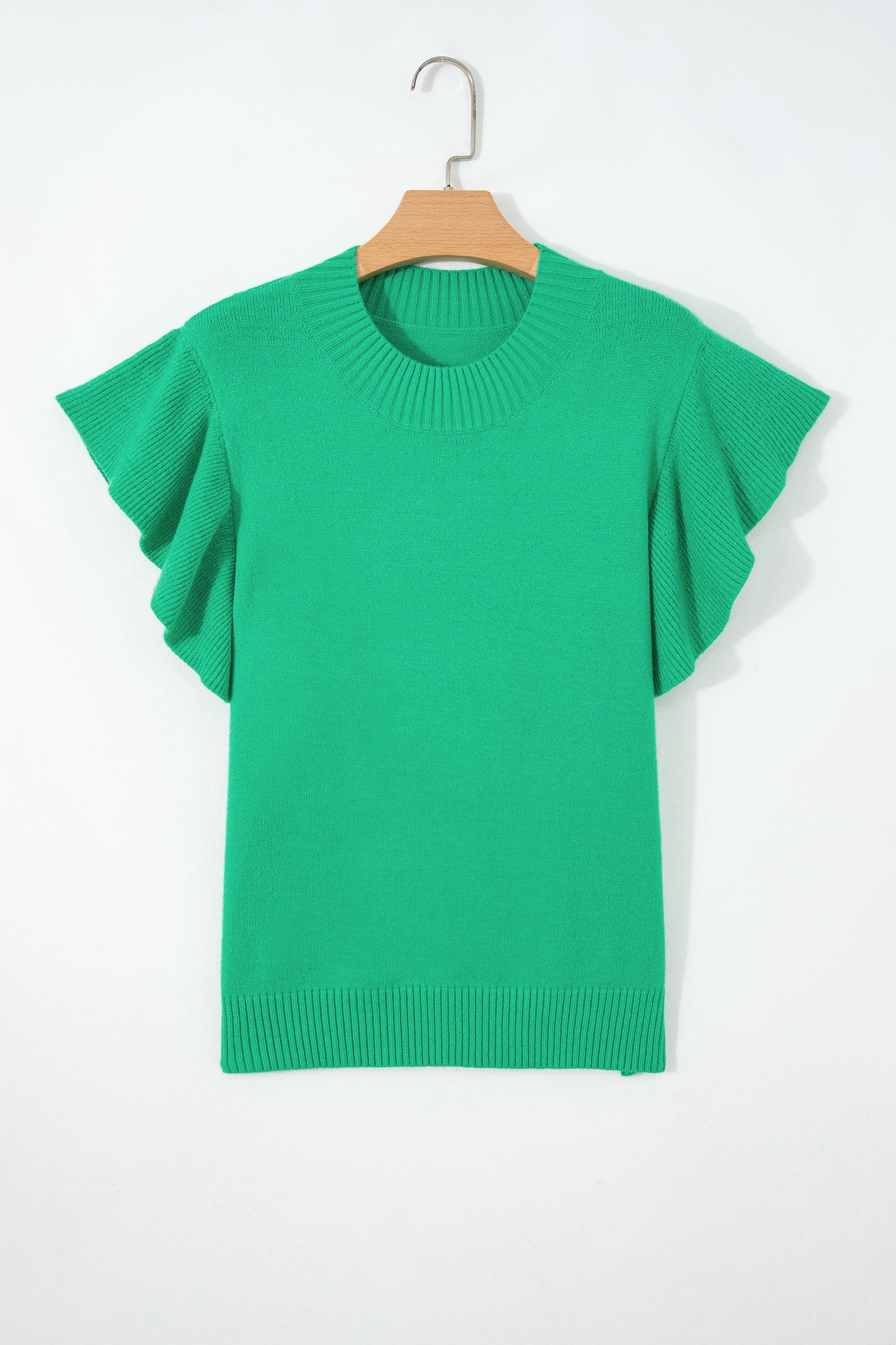 Beau Blue Solid Color Ribbed Trim Round Neck Ruffle Short Sleeve Sweater-TOPS / DRESSES-[Adult]-[Female]-2022 Online Blue Zone Planet