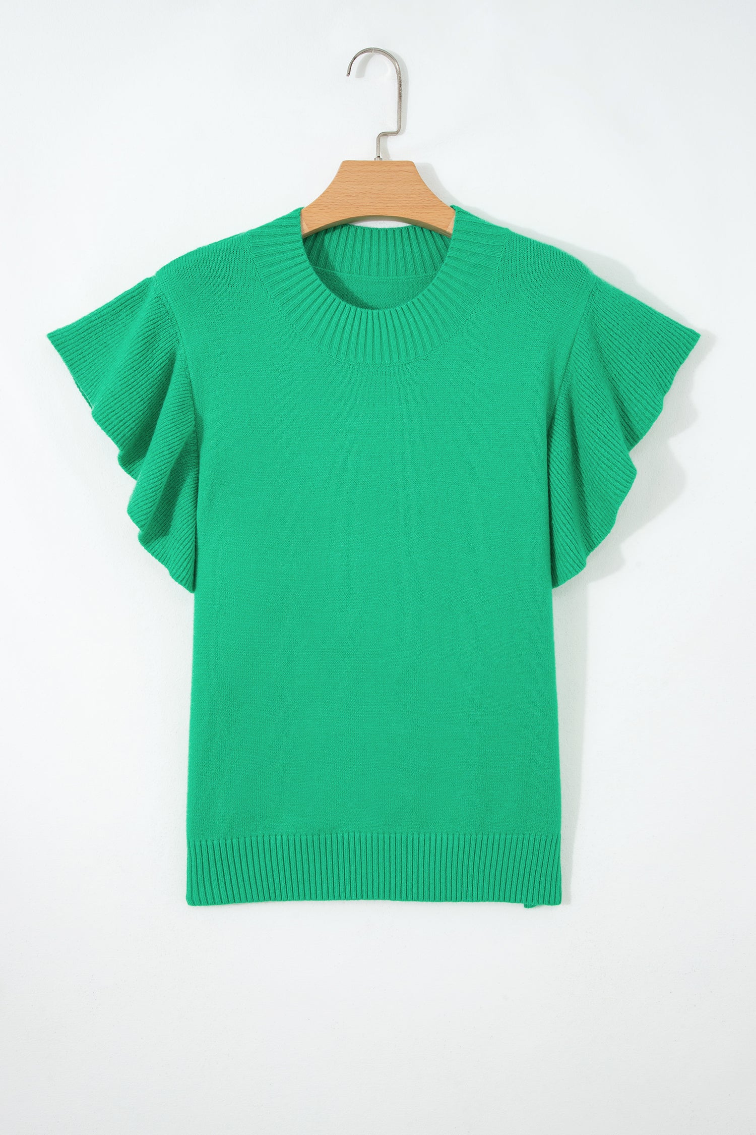 Beau Blue Solid Color Ribbed Trim Round Neck Ruffle Short Sleeve Sweater-TOPS / DRESSES-[Adult]-[Female]-2022 Online Blue Zone Planet