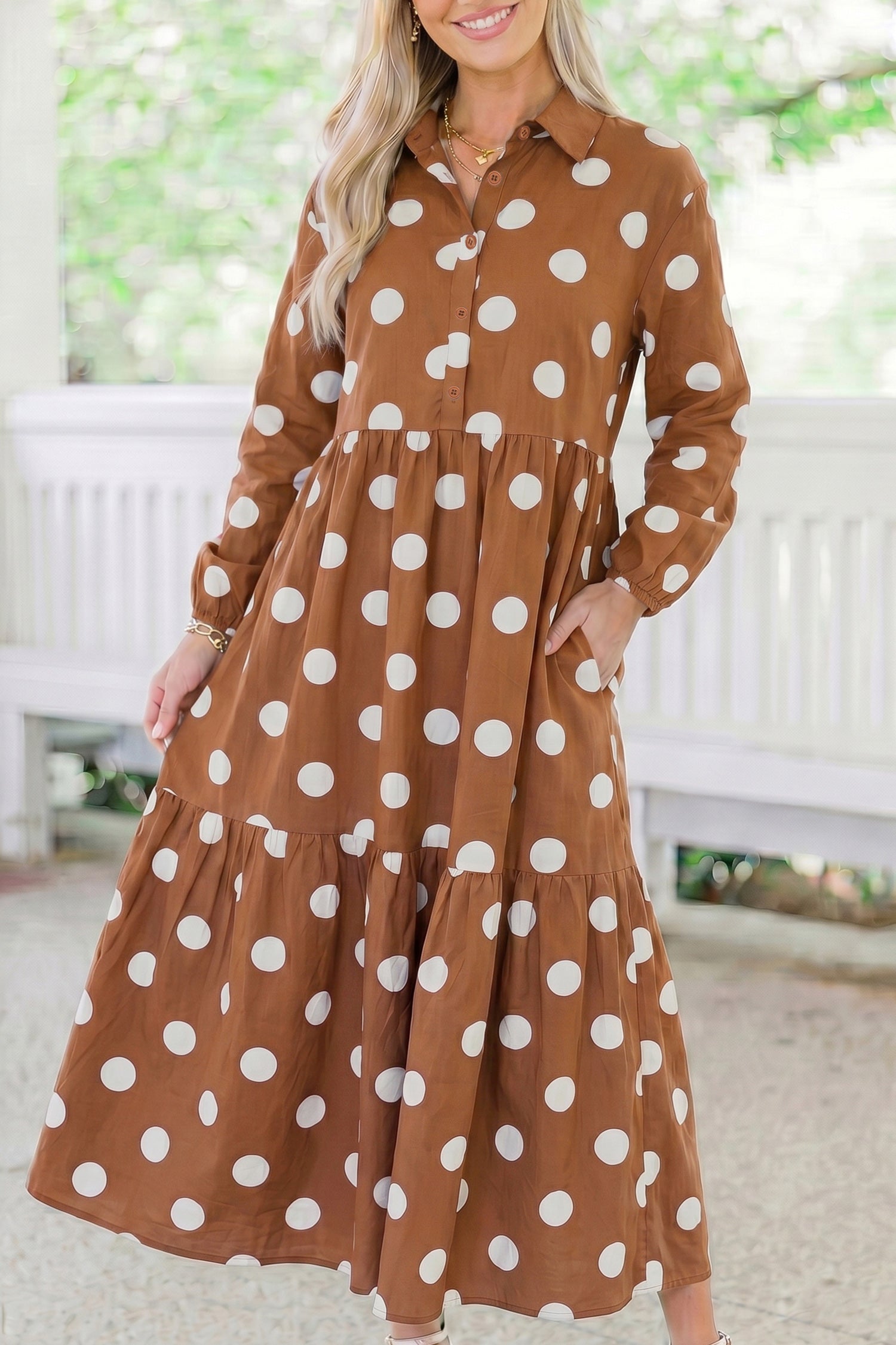 Brown Polka Dot Button Front Long Sleeve Shift Dress-TOPS / DRESSES-[Adult]-[Female]-2022 Online Blue Zone Planet