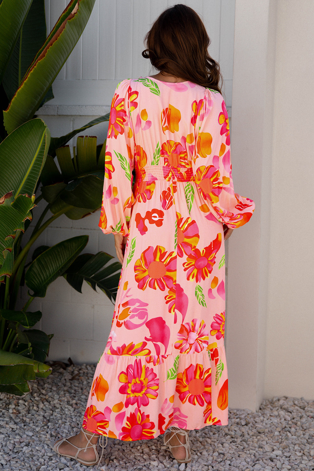 Beige Floral Print Smocked Detail V Neck Puff Sleeve Flowy Maxi Dress-TOPS / DRESSES-[Adult]-[Female]-2022 Online Blue Zone Planet