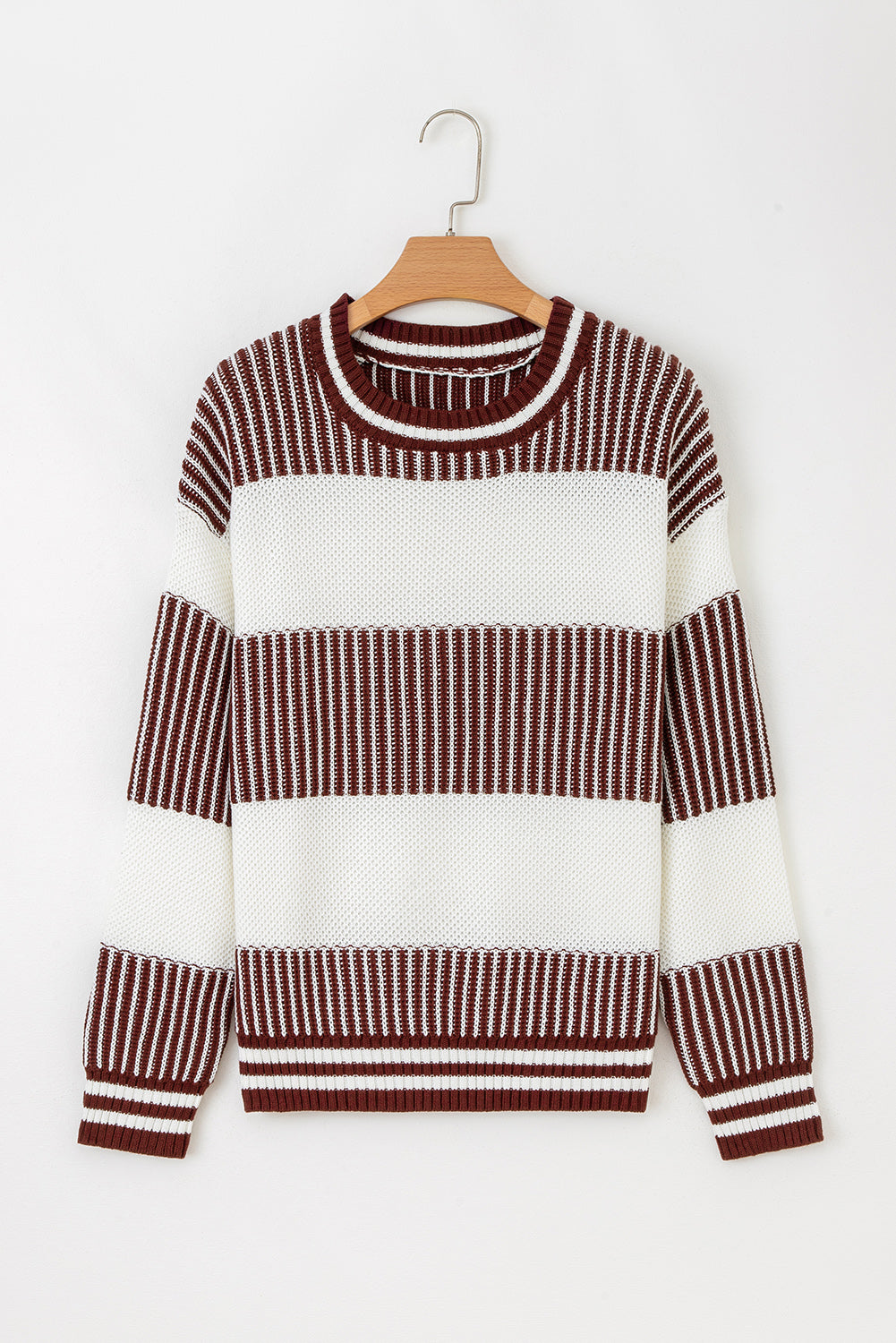 Brown Two Tone Striped Patchwork Drop Shoulder Loose Sweater-TOPS / DRESSES-[Adult]-[Female]-2022 Online Blue Zone Planet